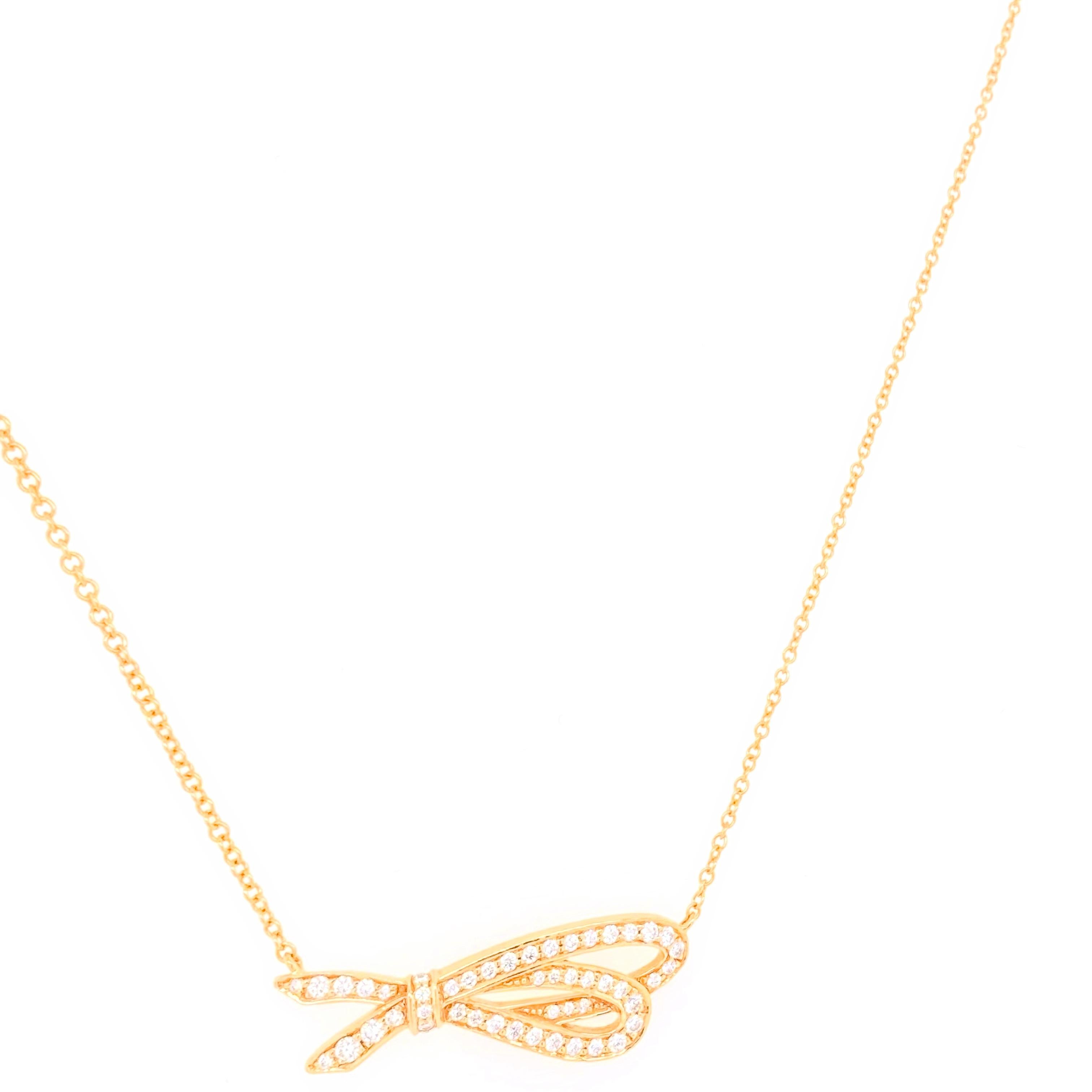 Tiffany & Co. Diamond Bow Pendant Necklace 18 Karat Rose Gold For Sale 2