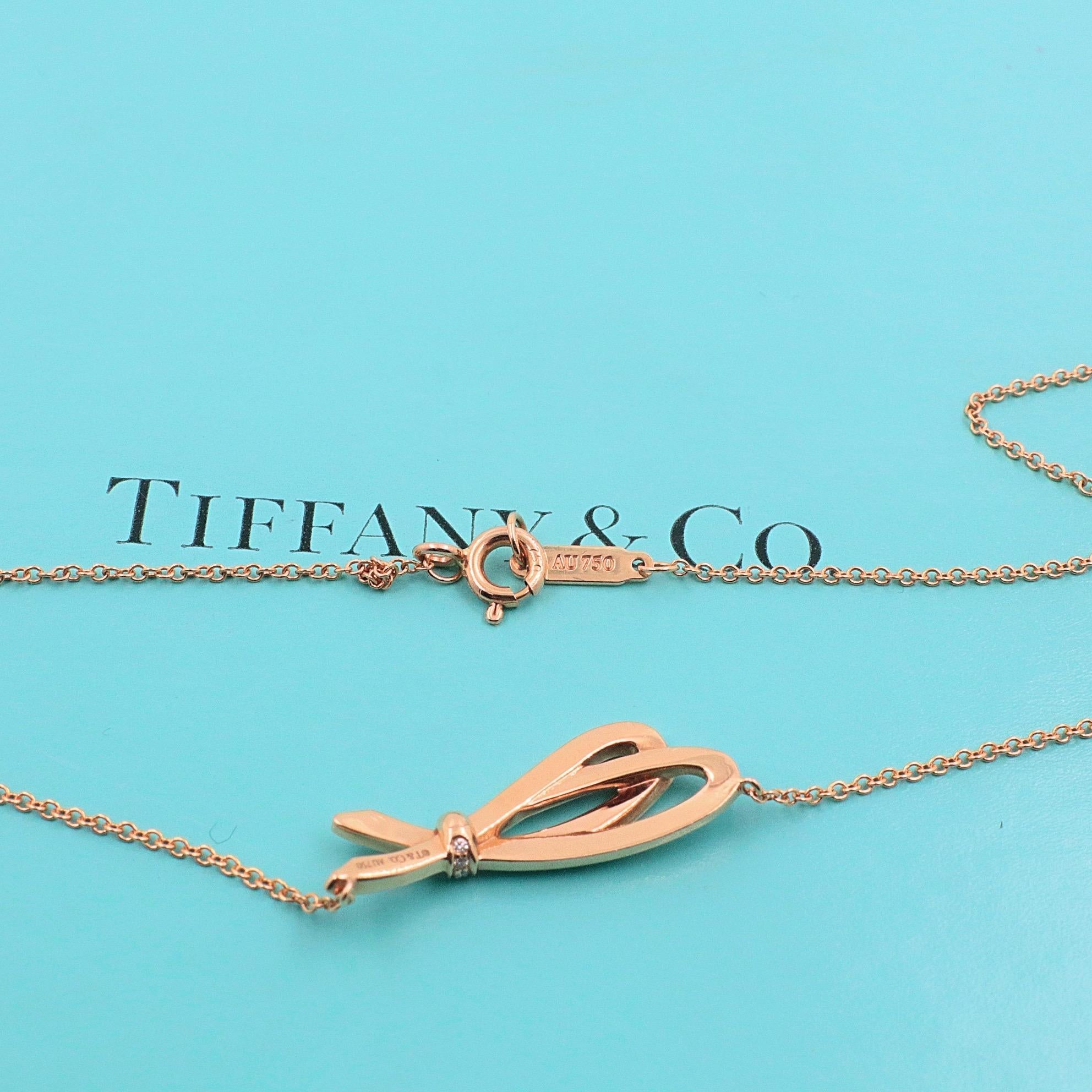 Round Cut Tiffany & Co. Diamond Bow Pendant Necklace 18 Karat Rose Gold For Sale