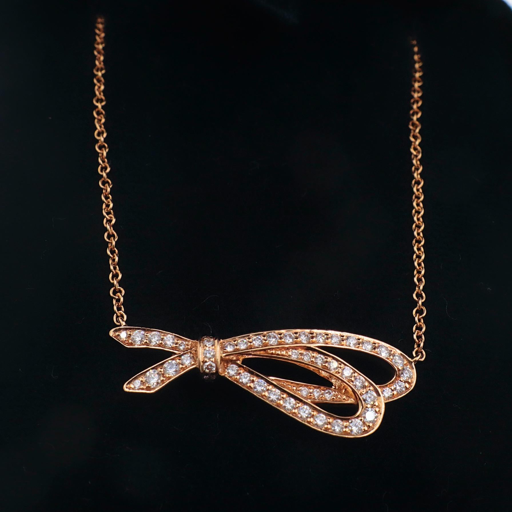 Women's or Men's Tiffany & Co. Diamond Bow Pendant Necklace 18 Karat Rose Gold For Sale