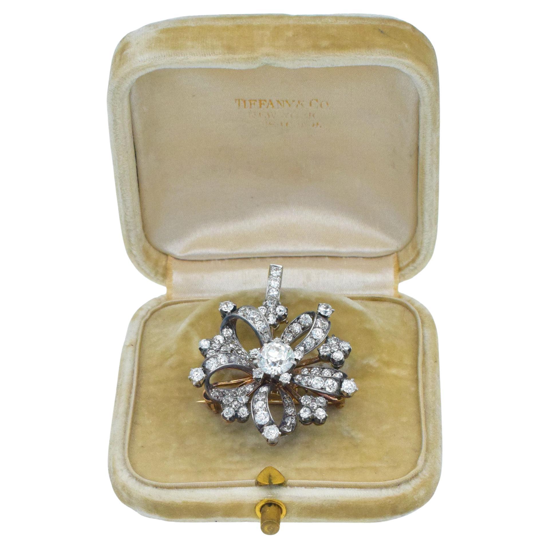 Tiffany 
Co. Diamond Brooch / Pendant In Silver Topped 18k Gold. For Sale