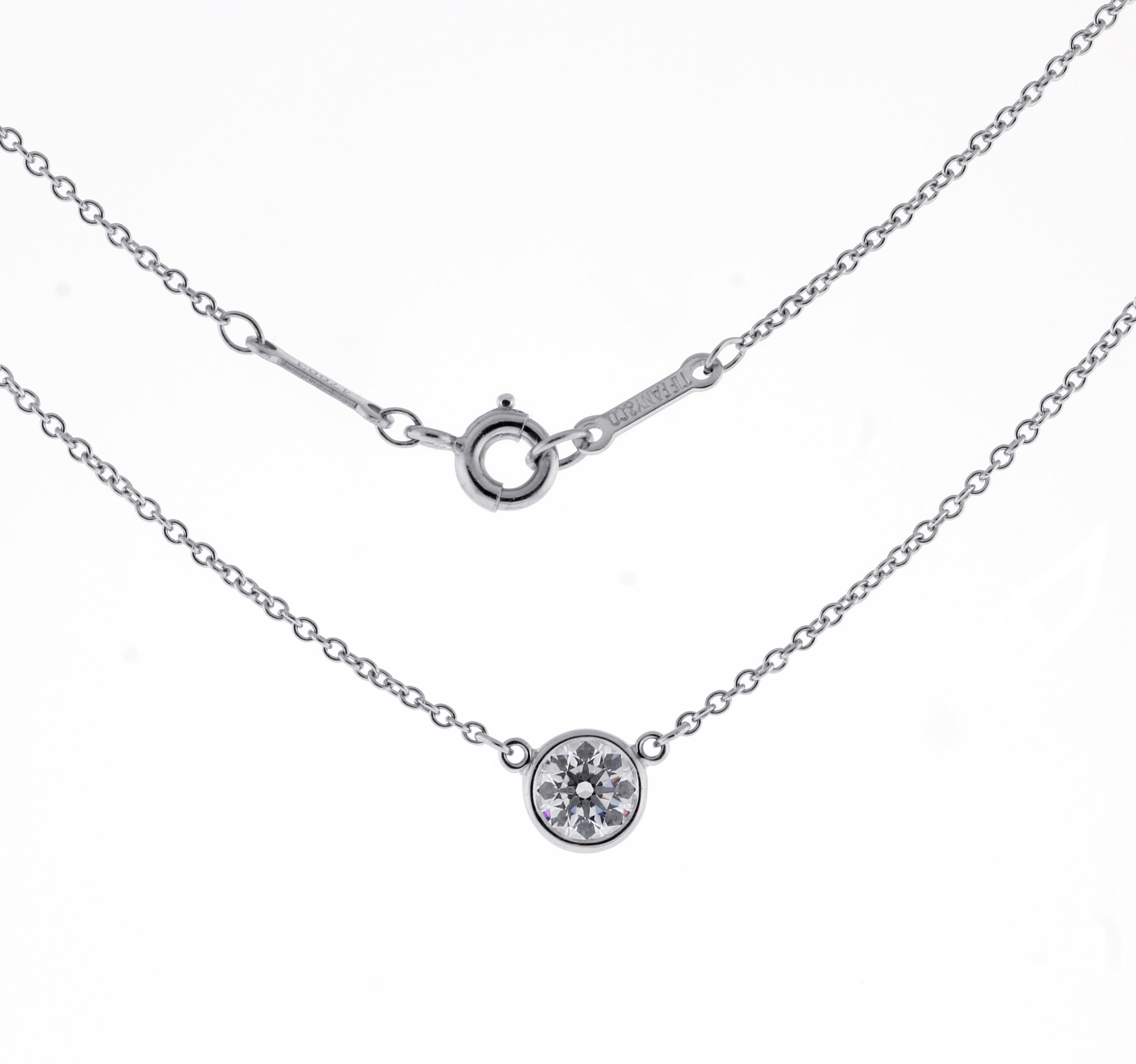 From Tiffany & Co's acclaimed designer Elsa Peretti diamond by the yard collection and diamond pendent.
Designer: Tiffany & Co.
♦ Metal: Platinum
♦ Diamond=.35 carats G-H color, VS clarity
♦ Circa 1999
♦  16 inch necklace
♦  Tiffany Box
♦ Condition: