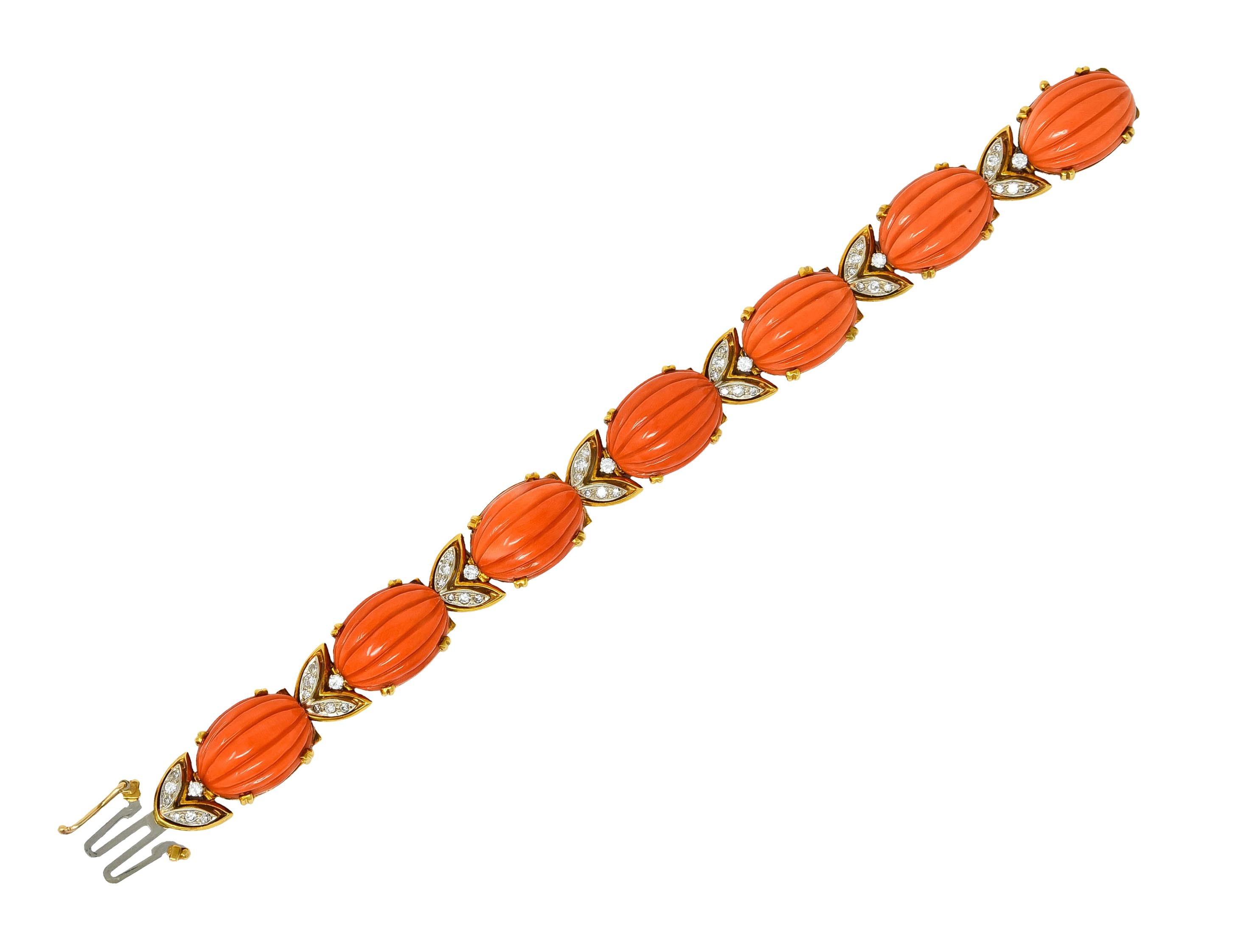 Tiffany & Co. Diamond Coral Platinum-Topped 18 Karat Gold Link Bracelet 6