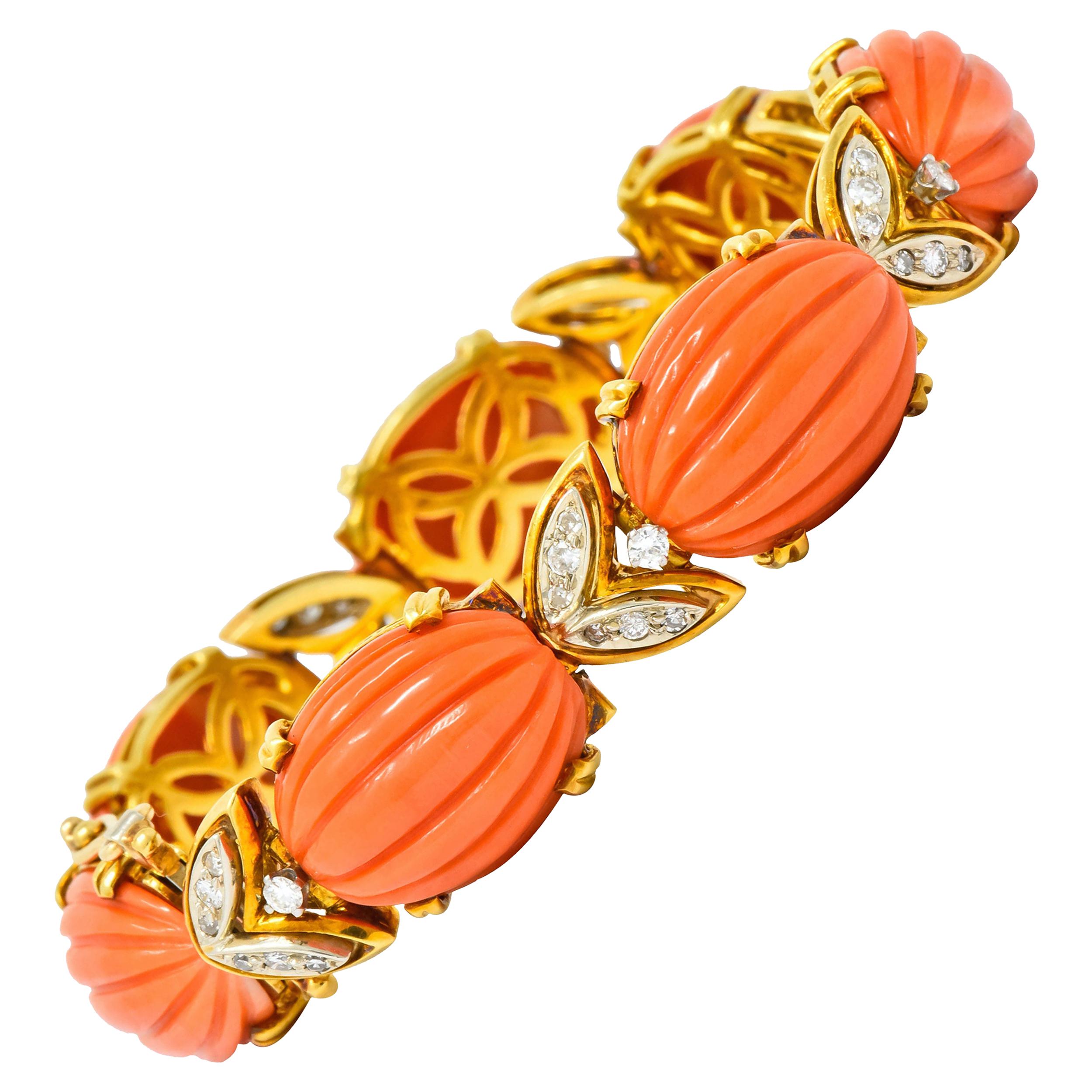 Tiffany & Co. Diamond Coral Platinum-Topped 18 Karat Gold Link Bracelet