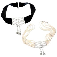 Tiffany & Co. Diamant-Korsett-Perlen- und Samtkragen-Choker-Platin-Halskette