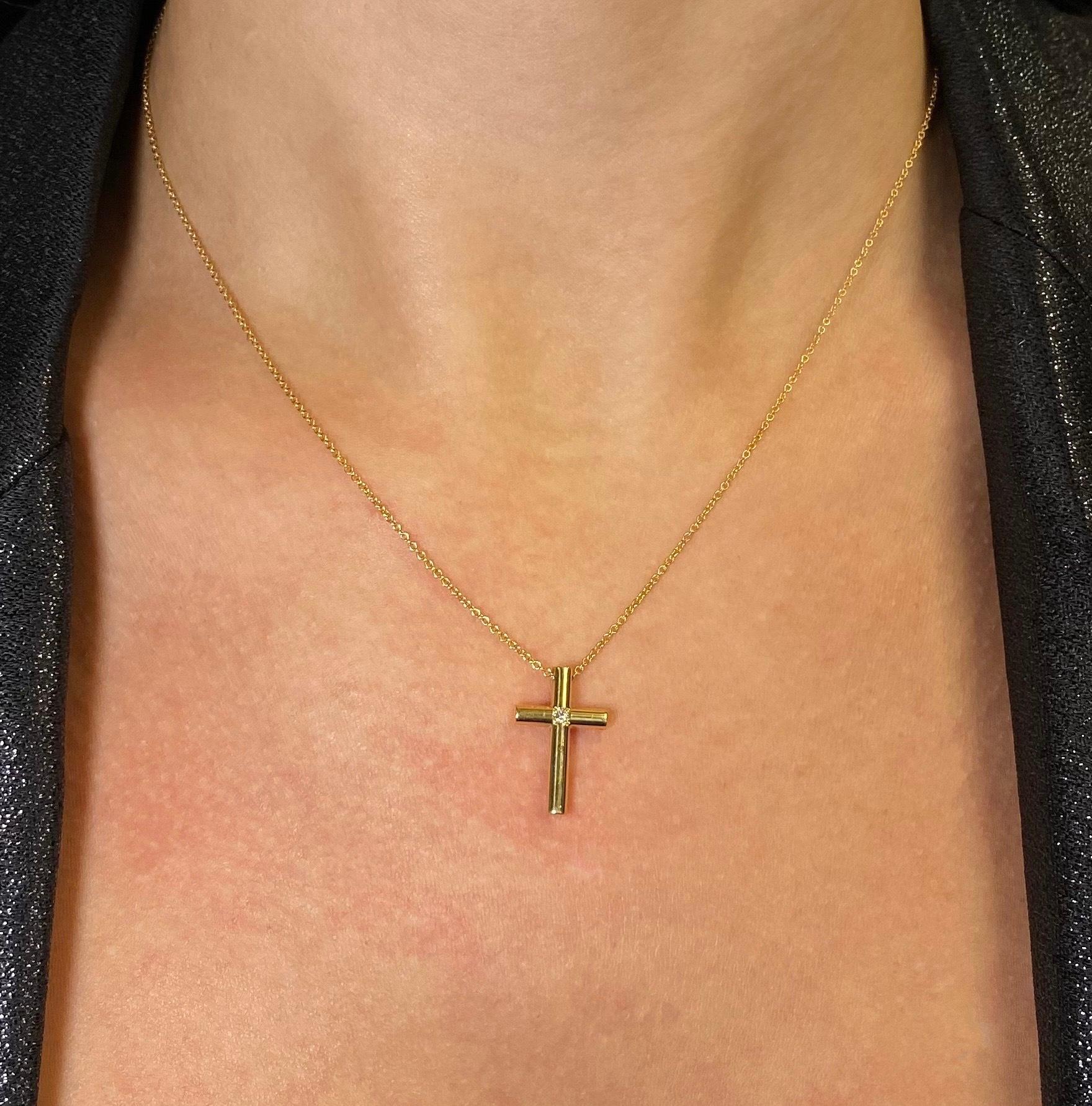 Round Cut Tiffany & Co. Diamond Cross Pendant Ladies Necklace 18k Yellow Gold 0.02cttw