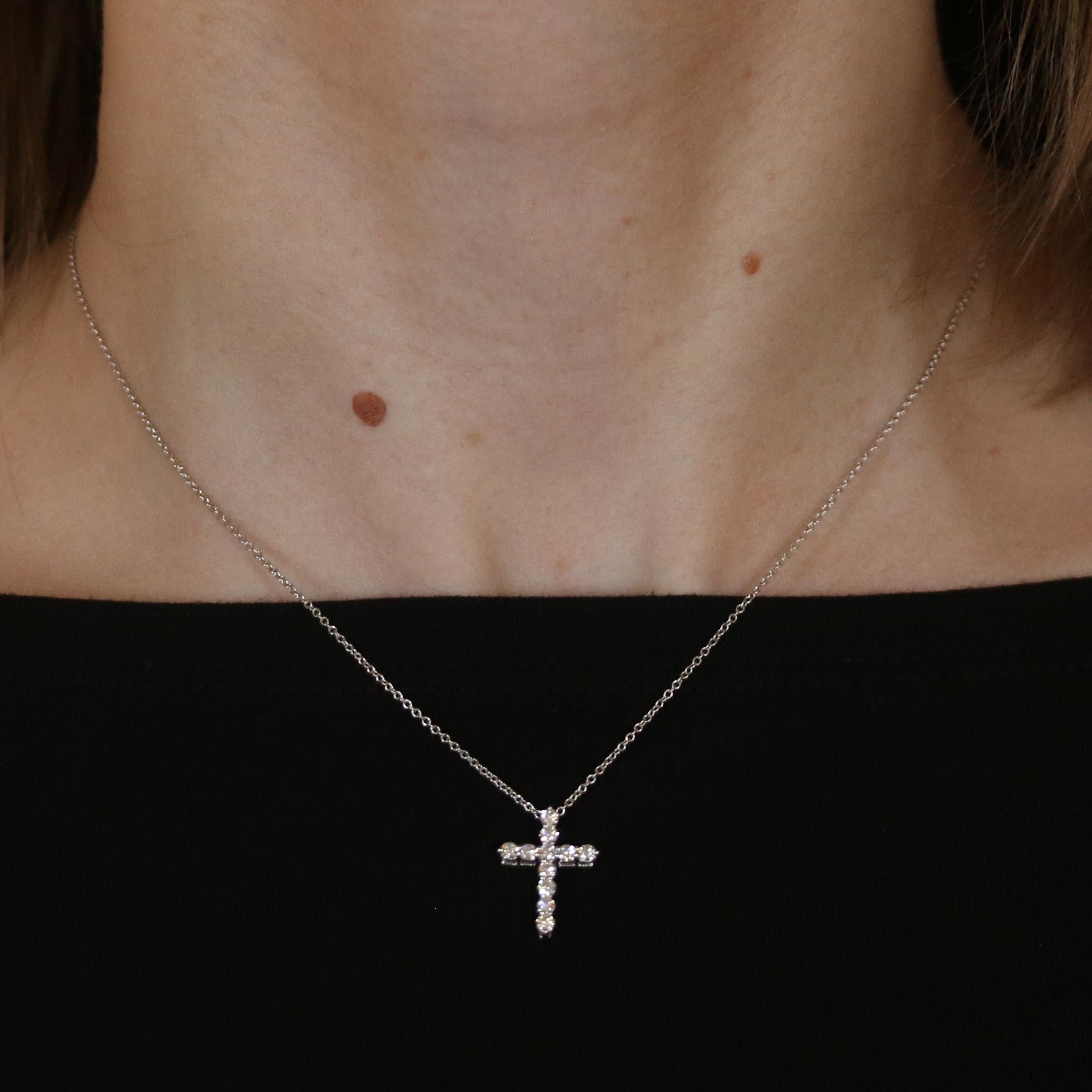 Round Cut Tiffany & Co. Diamond Cross Pendant Necklace Platinum 950 Round .42 Carat Faith