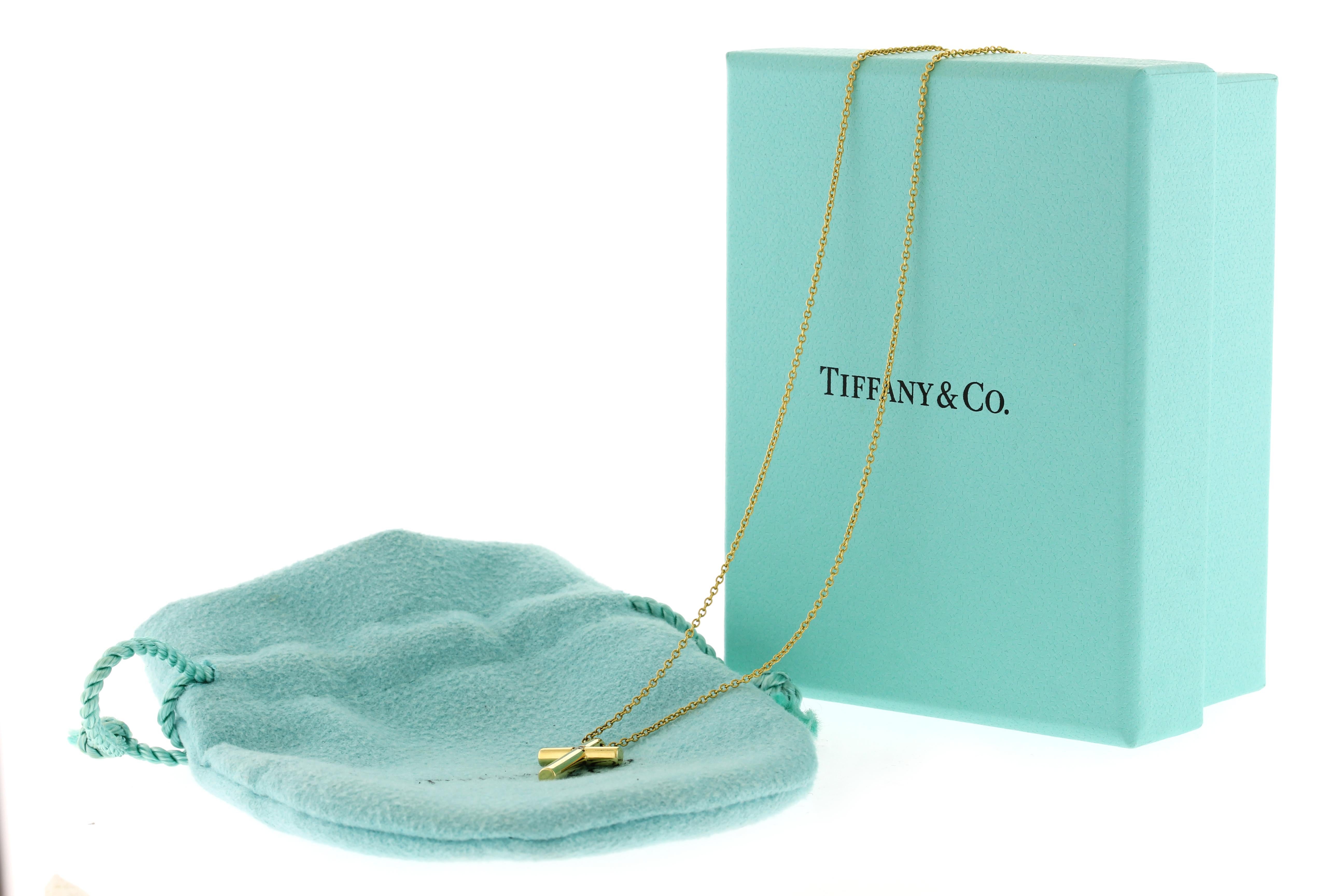Round Cut Tiffany & Co. Diamond Cross Pendant Necklace 18k Yellow Gold For Sale