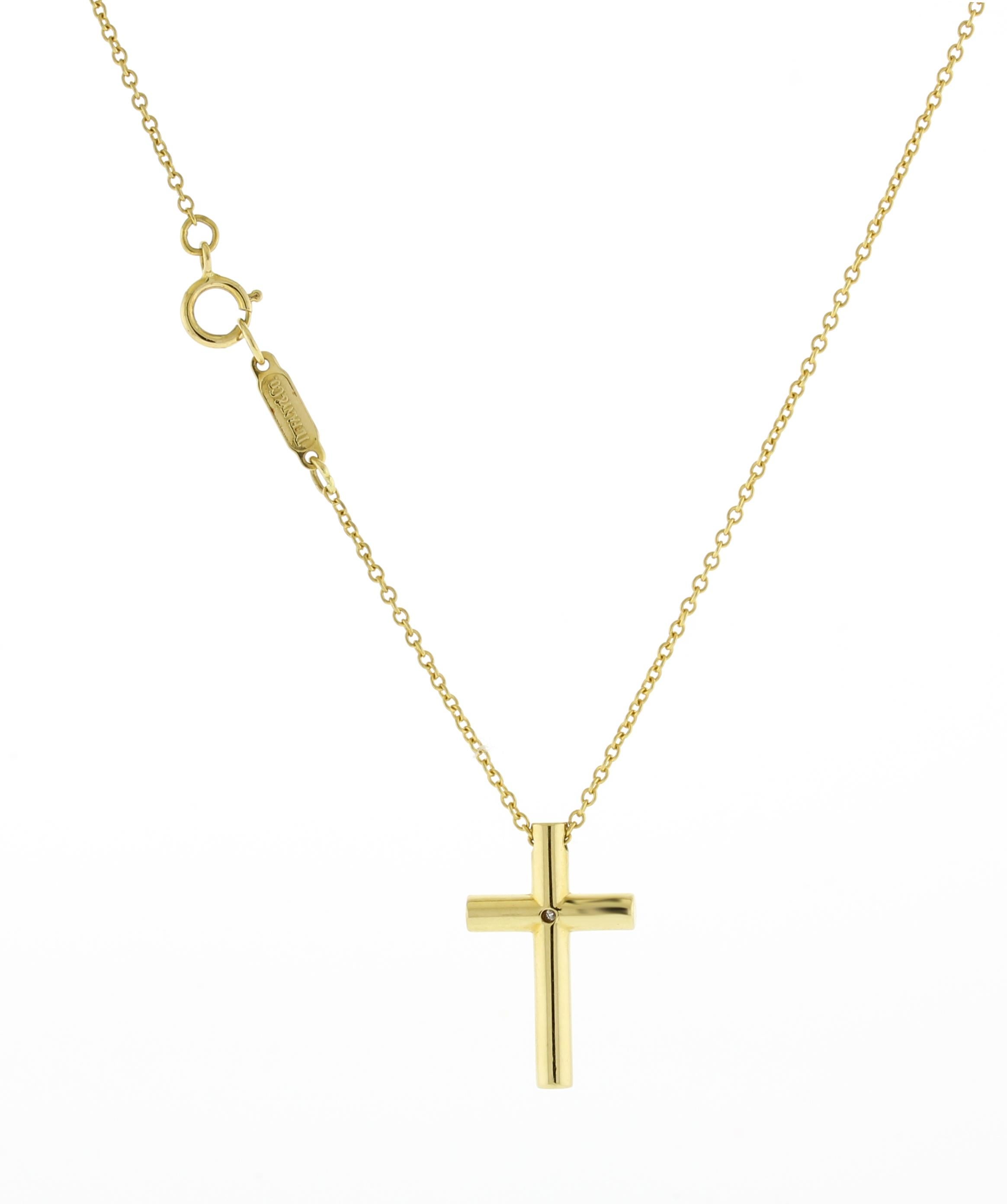 Tiffany & Co. Diamond Cross Pendant Necklace 18k Yellow Gold In Excellent Condition For Sale In Bethesda, MD