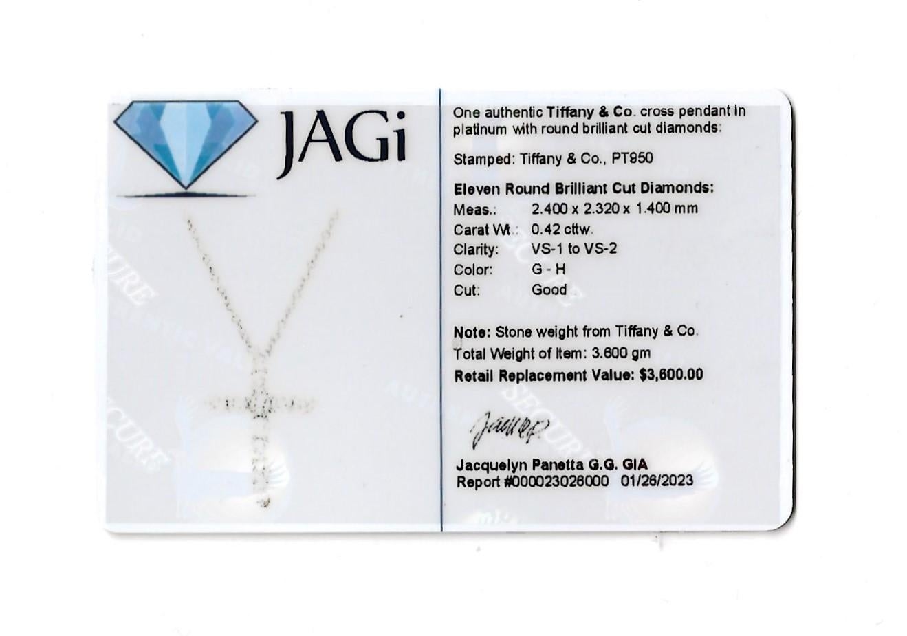 Tiffany & Co. Diamond Cross Pendant Necklace in Polished Platinum G-H / VS1-VS2 For Sale 6