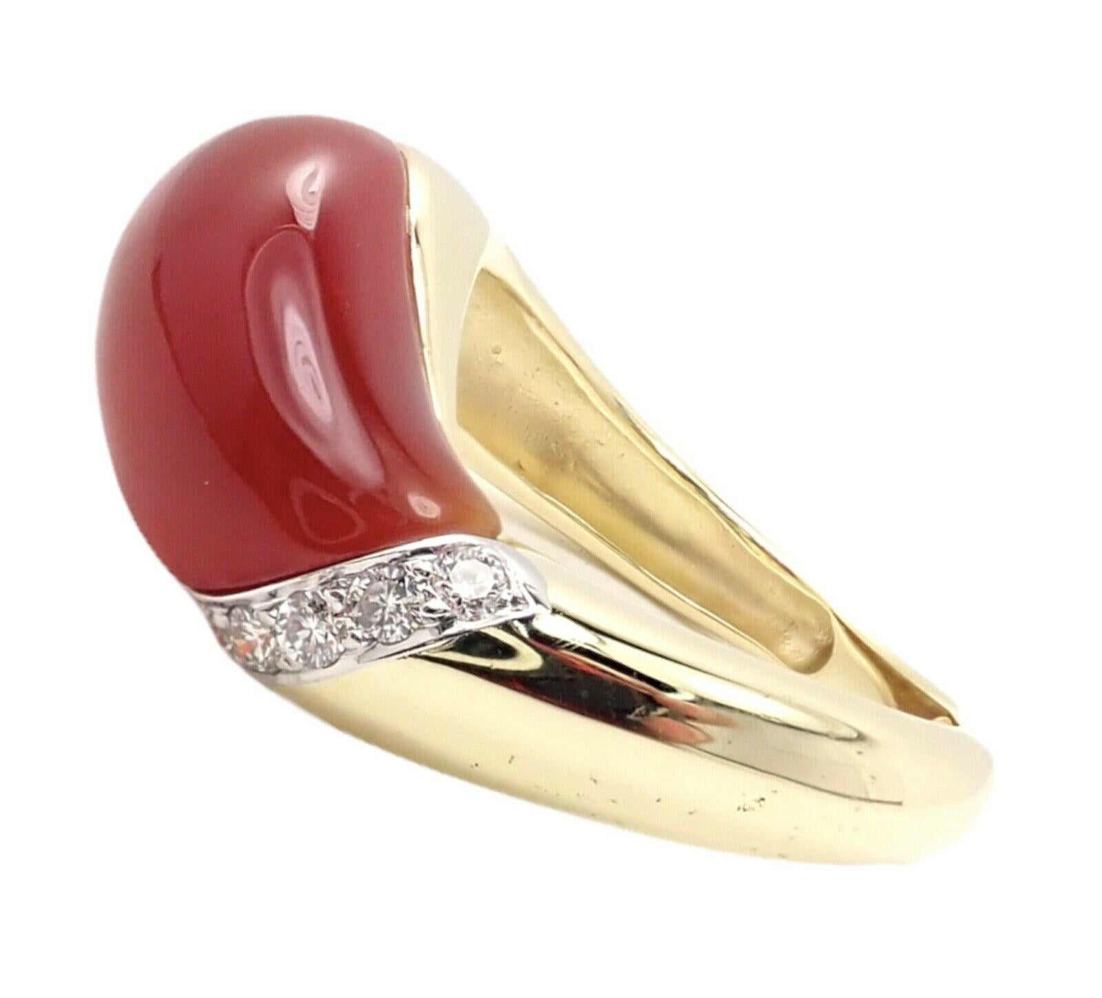 18k Yellow Gold Diamond Curved Carnelian Band Ring by Tiffany & Co. 
With 7 Round Brilliant Cut Diamonds VS1 clarity, G color, Total weight Approx .14ctw
1 Curved Carnelian 8mm x 15mm 
Details: 
Size: 6
Width: 9mm  
Weight: 6.3 grams
Stamped