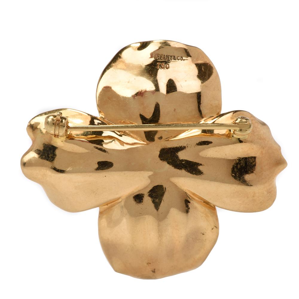 Round Cut Tiffany & Co. Diamond Dogwood Flower 18 Karat Yellow Gold Brooch Pin