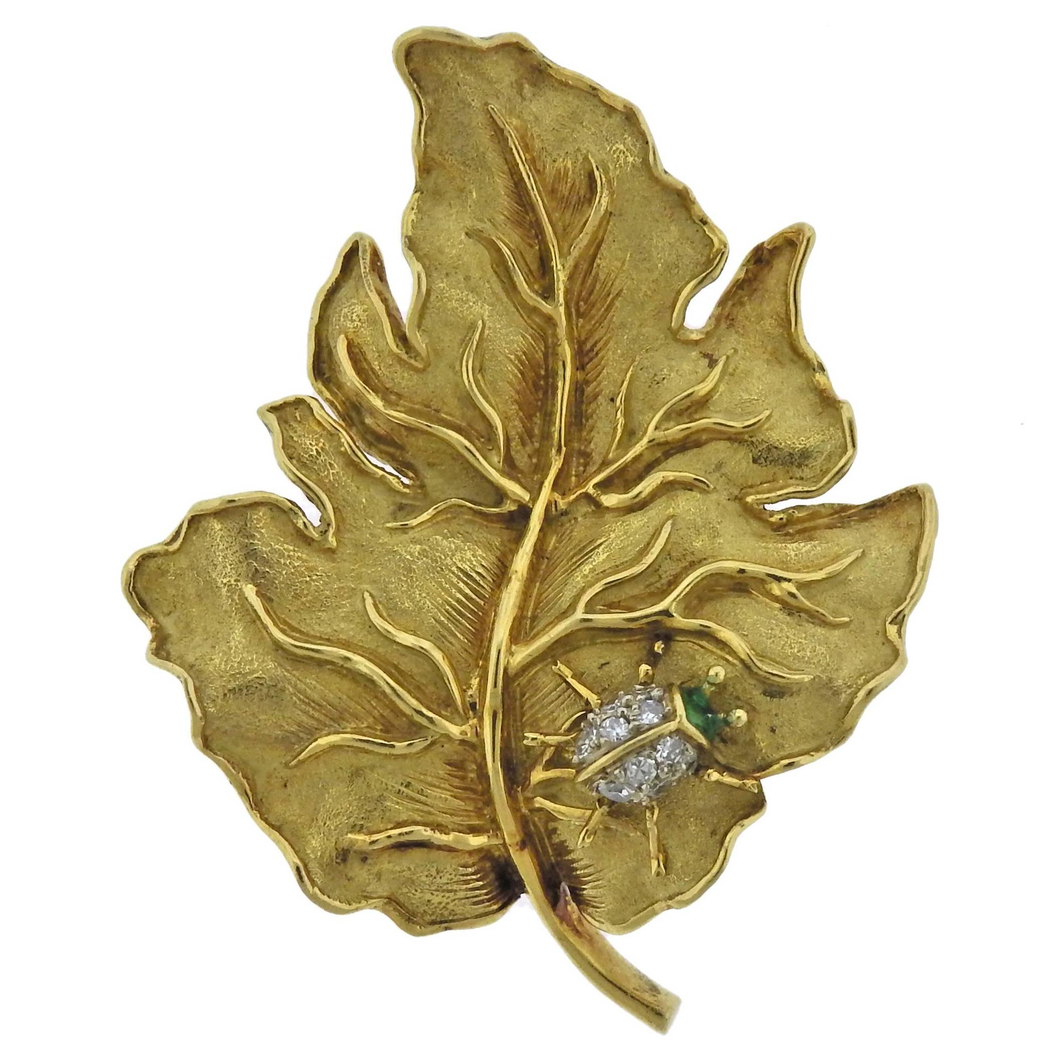 Tiffany & Co. Diamond Emerald Gold Ladybug Leaf Brooch