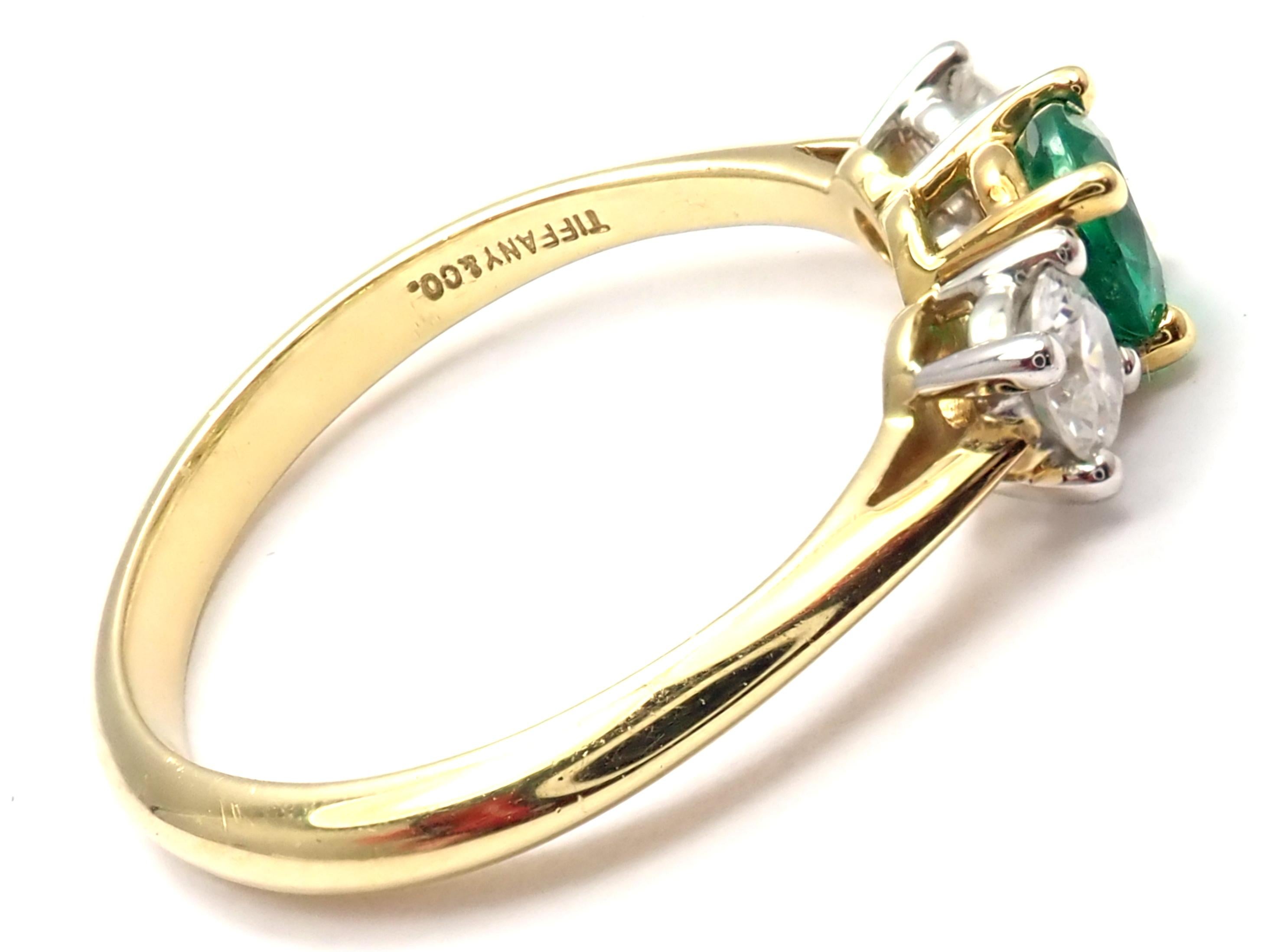 Brilliant Cut Tiffany & Co. Diamond Emerald Three-Stone Platinum Yellow Gold Band Ring