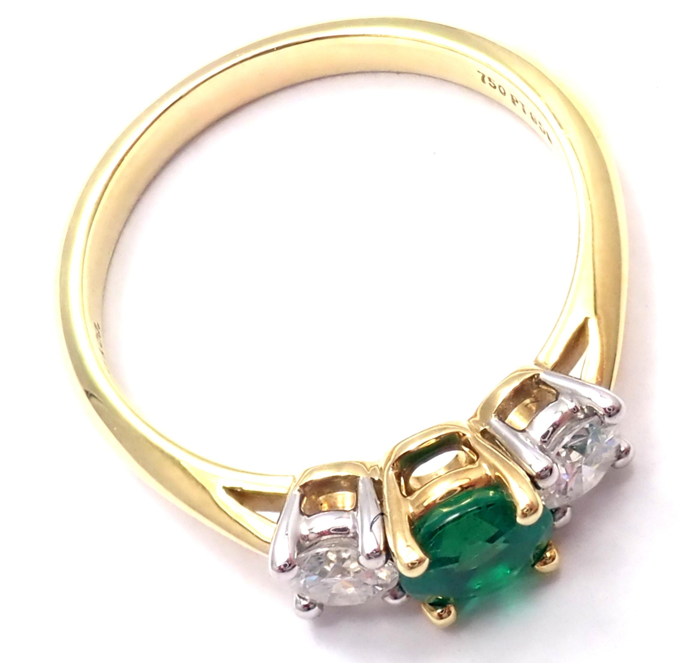 Tiffany & Co. Diamond Emerald Three-Stone Platinum Yellow Gold Band Ring 3