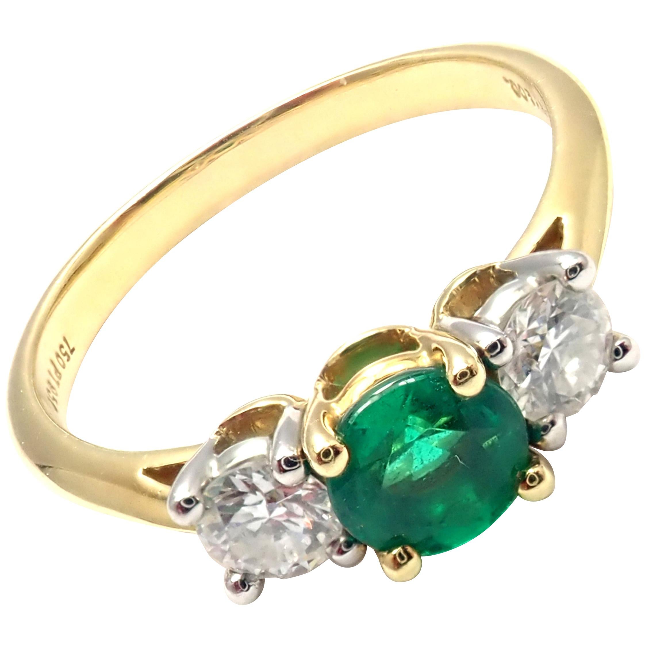 Tiffany & Co. Diamond Emerald Three-Stone Platinum Yellow Gold Band Ring