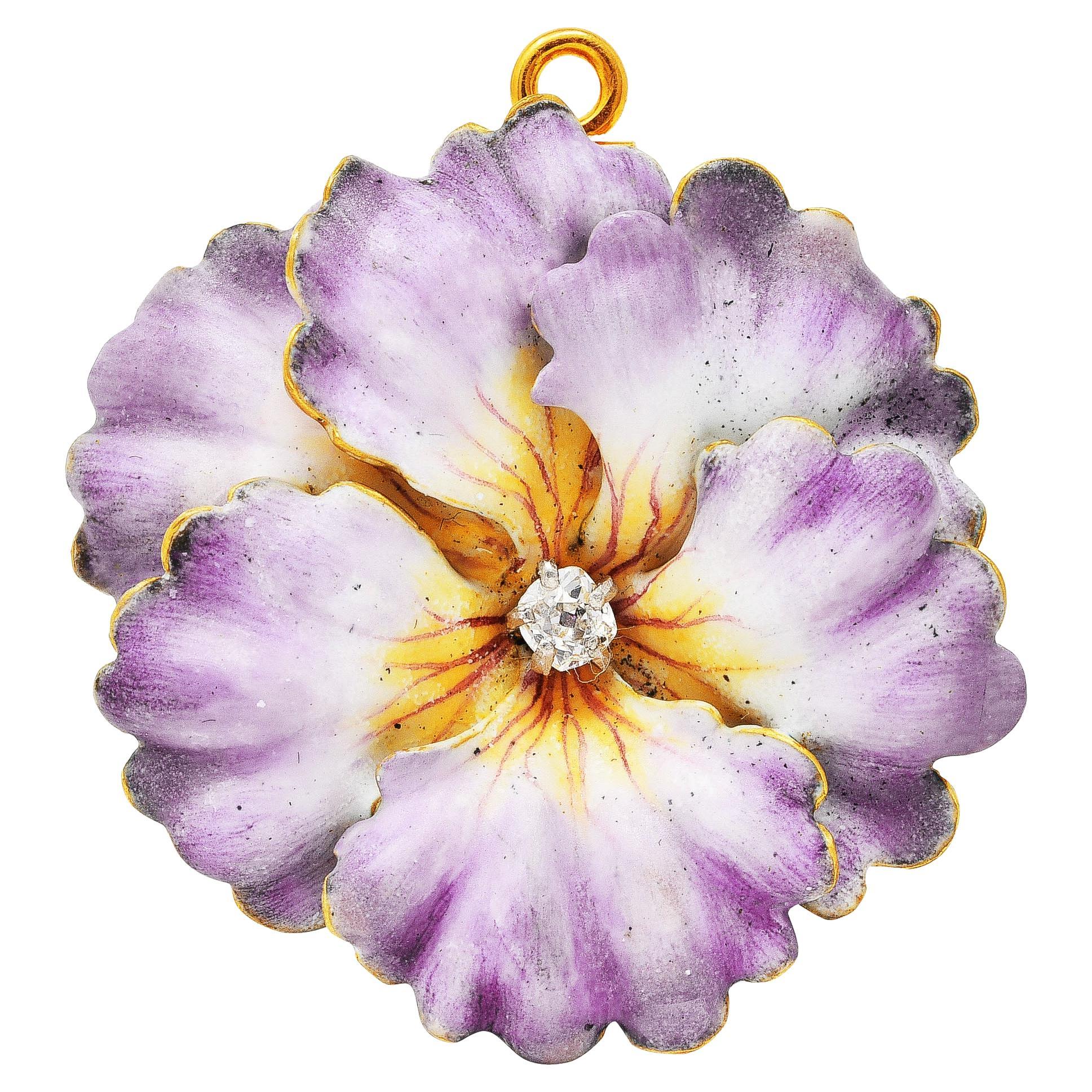 Tiffany & Co. Diamond Enamel 18 Karat Gold Geranium Antique Flower Pendant Pin