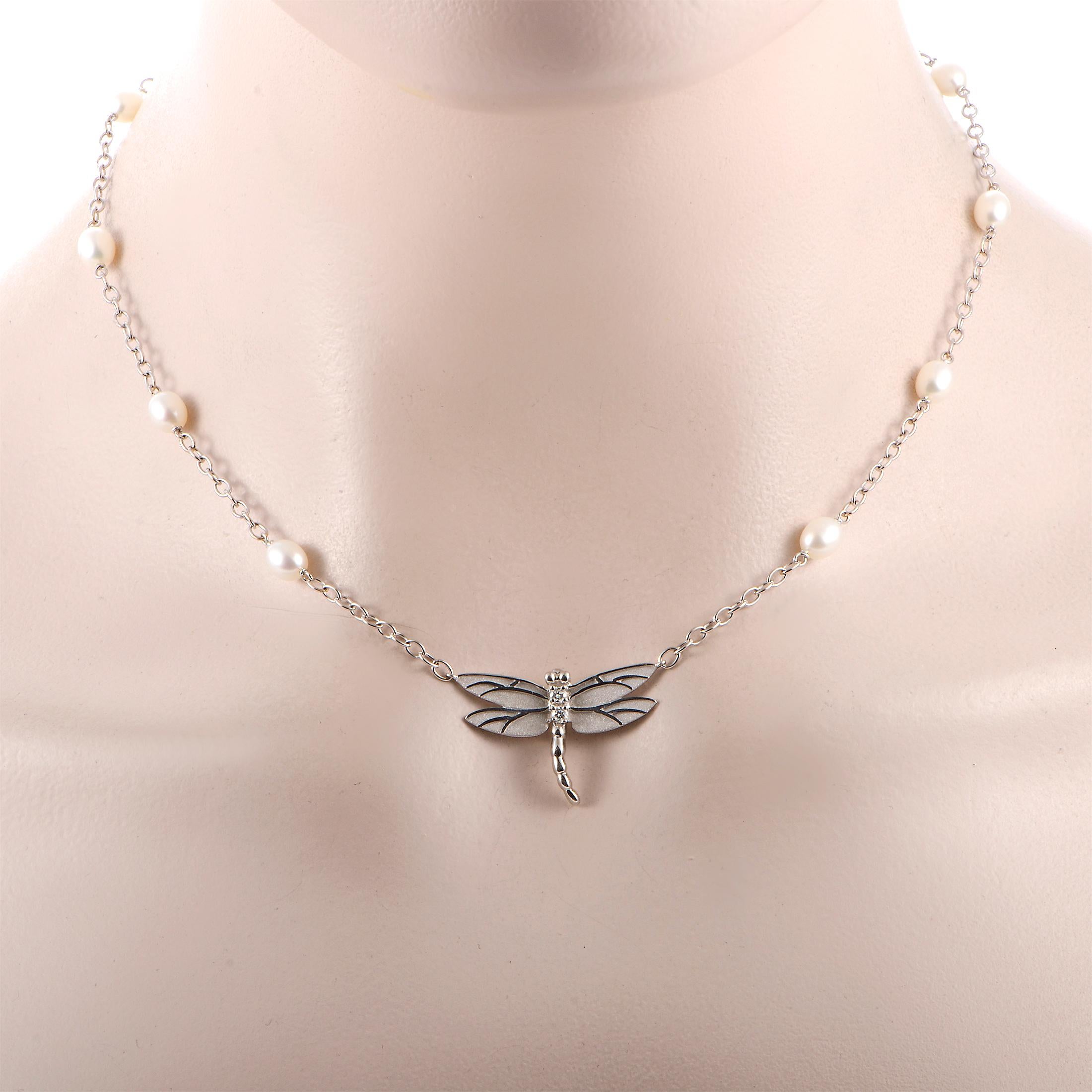 Tiffany & Co. Diamond and Enamel Pearl Gold Dragonfly Necklace and Earring Set In Excellent Condition In Southampton, PA