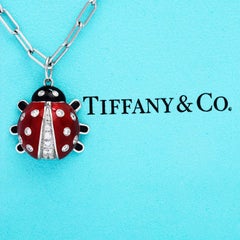 Tiffany & Co. Diamond Enamel Platinum Ladybug Charm Pendant Chain Necklace