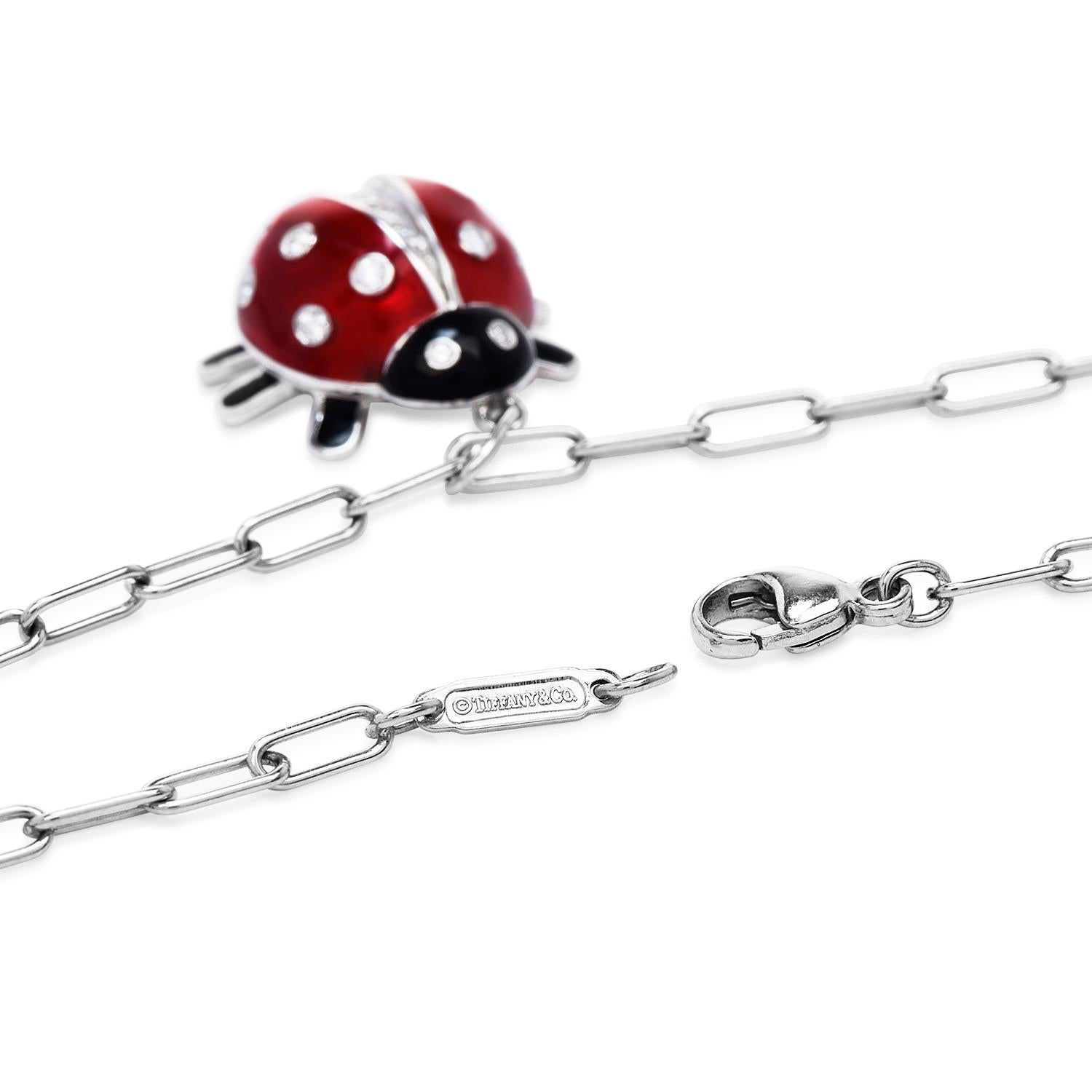 Round Cut Tiffany & Co. Diamond Enamel Platinum Ladybug Charm Pendant Chain Necklace