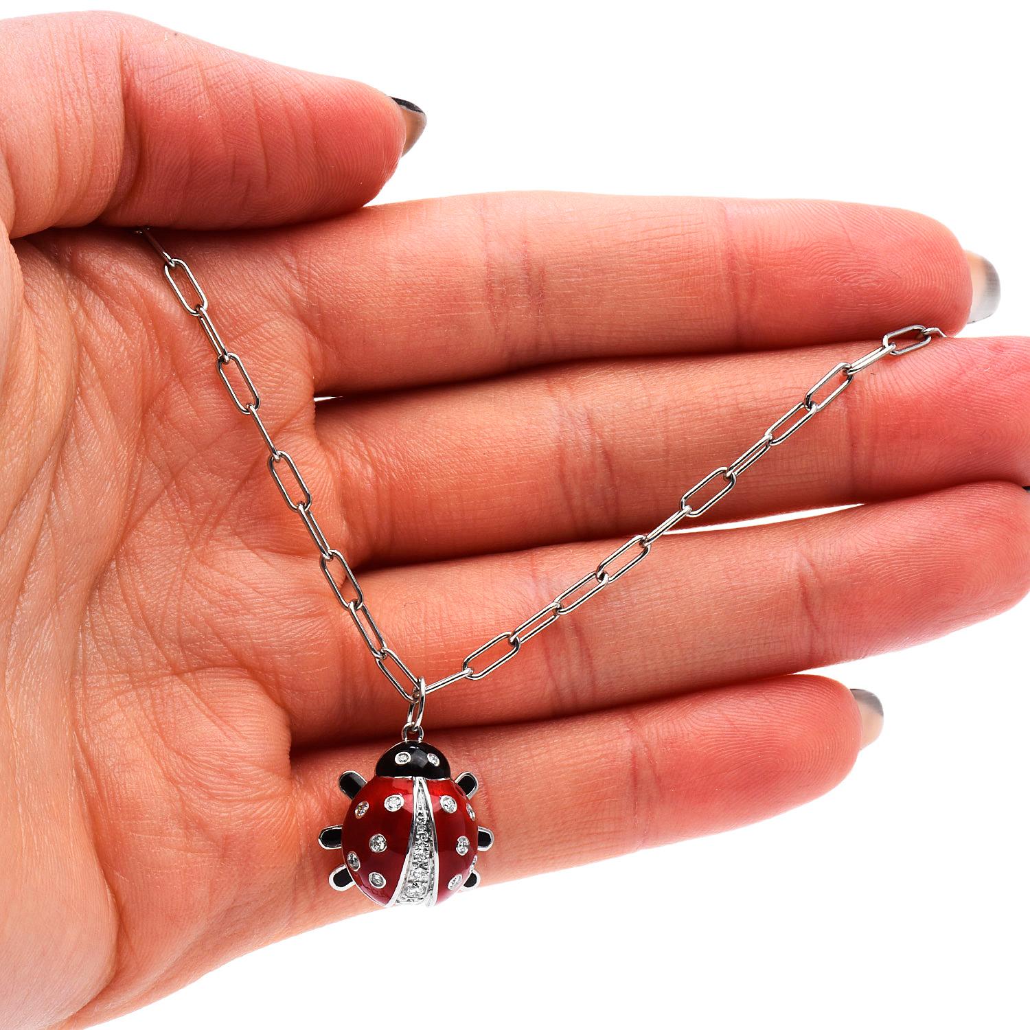 Tiffany & Co. Diamond Enamel Platinum Ladybug Charm Pendant Chain Necklace In Excellent Condition In Miami, FL