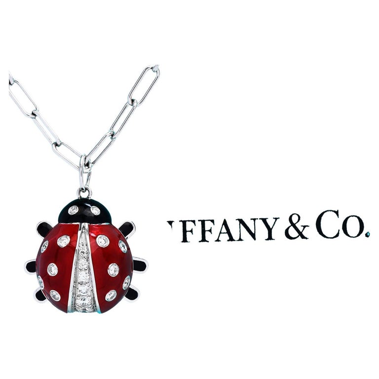 Tiffany and Co. Diamond Enamel Platinum Ladybug Charm Pendant Chain