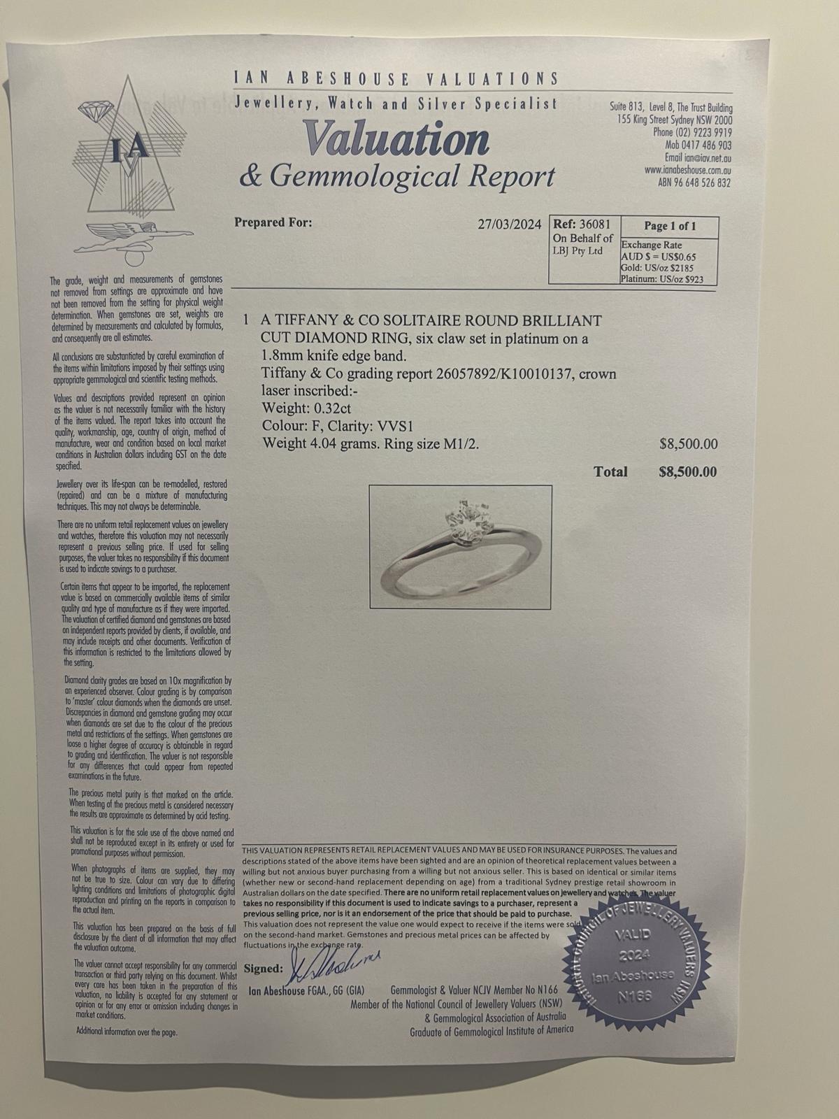 Tiffany & Co, bague de fiançailles diamant 0.32 carat Excellent état - En vente à SYDNEY, NSW