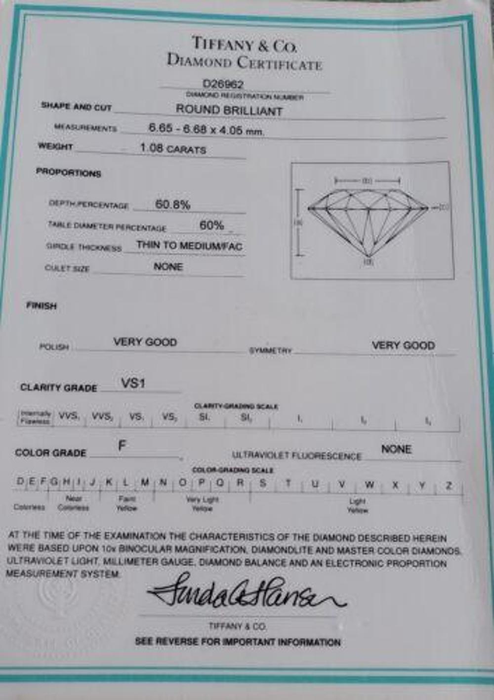 Round Cut tiffany & Co. diamond engagement ring 1.08ct Round F VS1 Platinum Cert Box 5.5