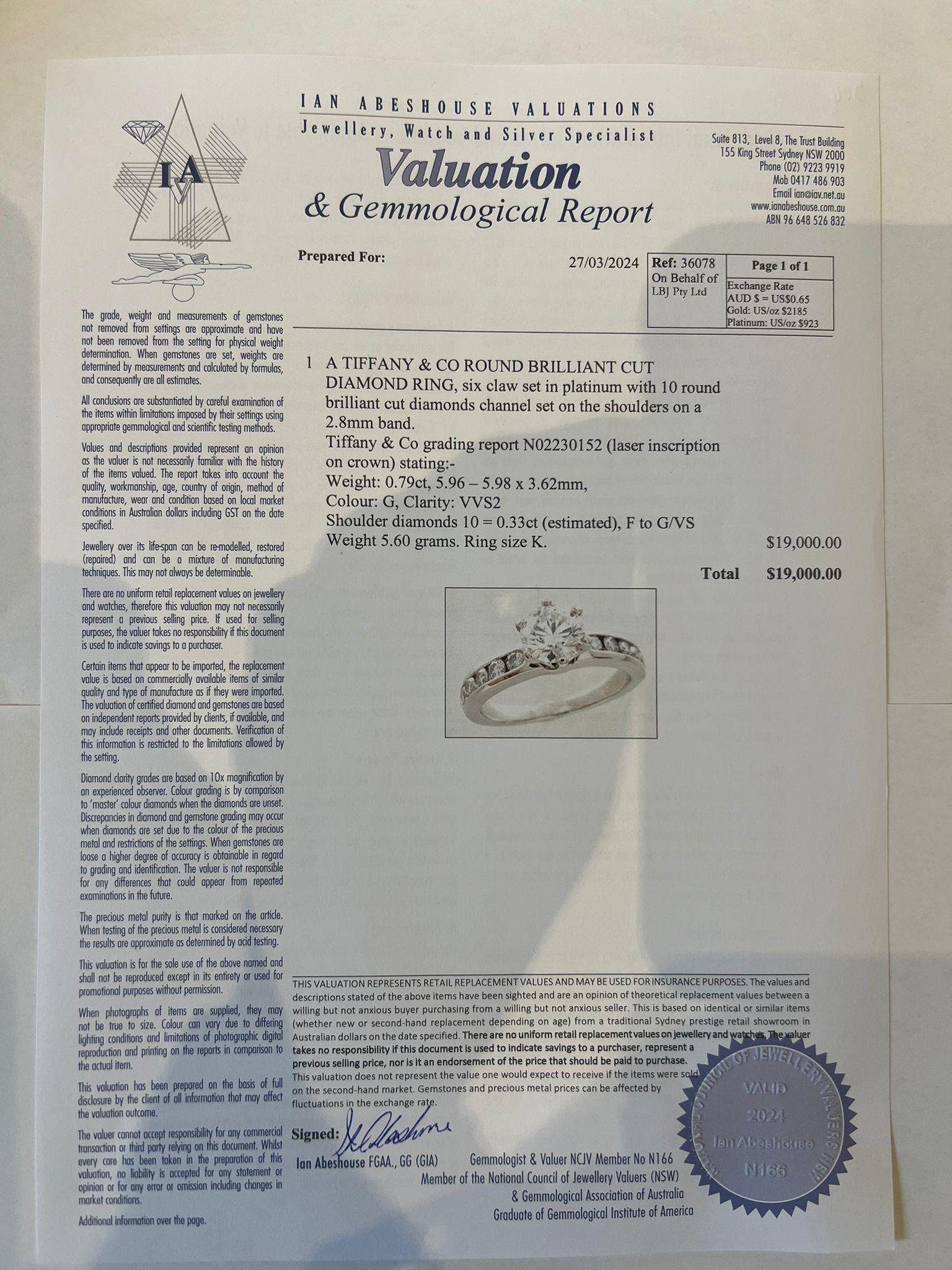 Tiffany & Co Diamond Engagement Ring 1.12ct For Sale 2