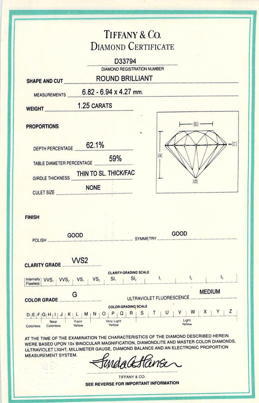 Tiffany & Co. Diamond Engagement Ring in Platinum 1.25 Carat G VVS2 1