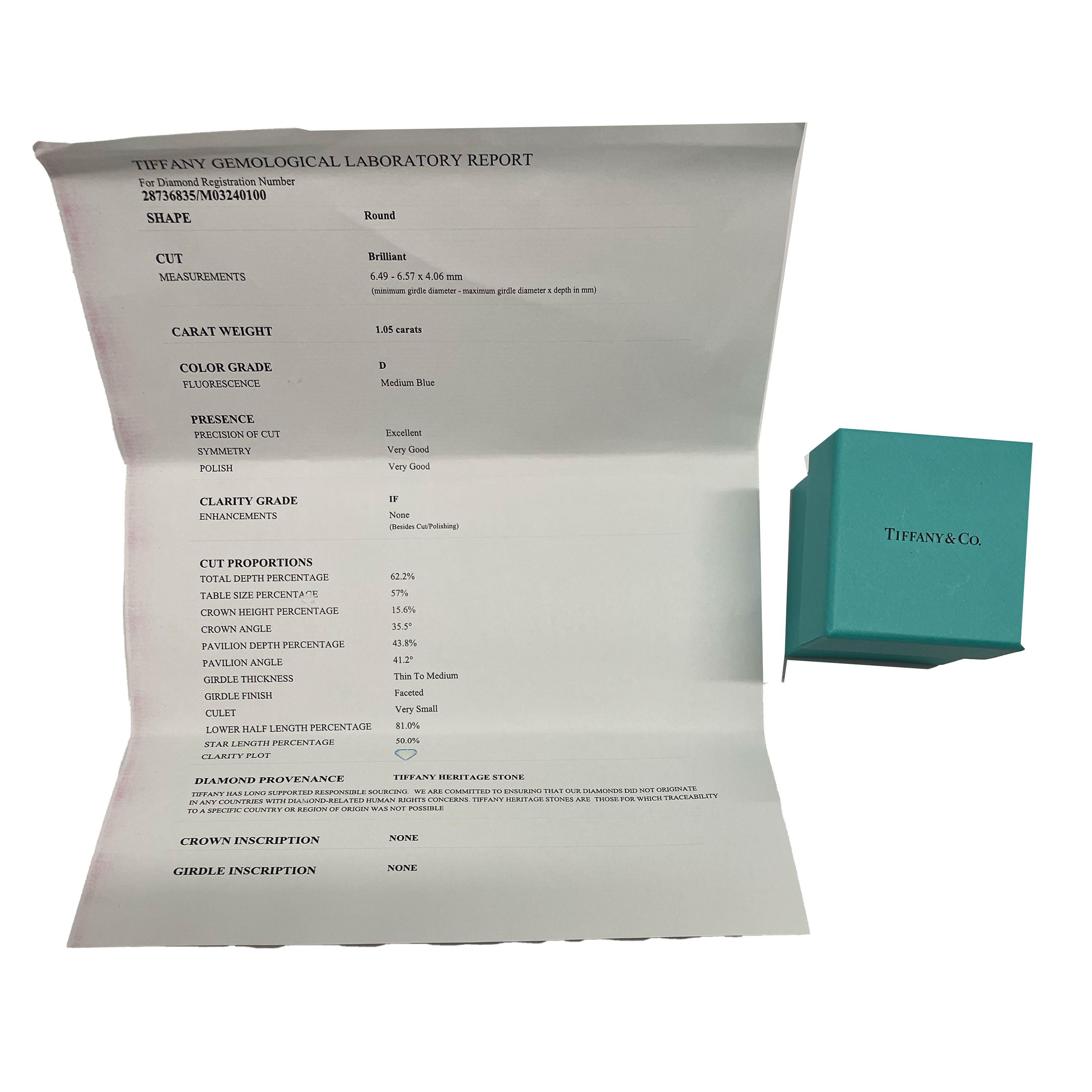 Tiffany & Co. Diamond Engagement Ring in Platinum D IF 1.05 CTW For Sale 1
