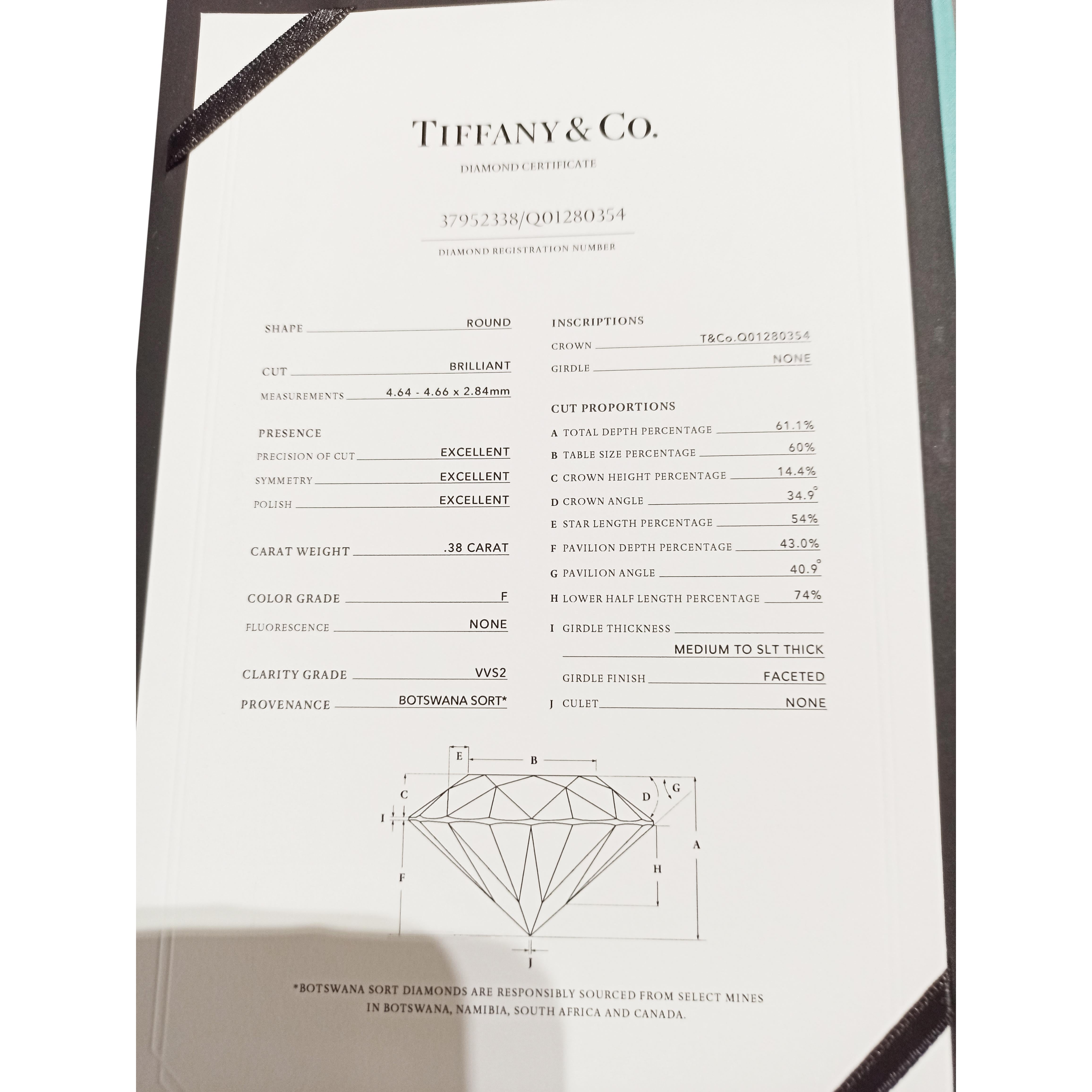 Round Cut Tiffany & Co. Diamond Engagement Ring in Platinum F VVS2 0.38 CTW