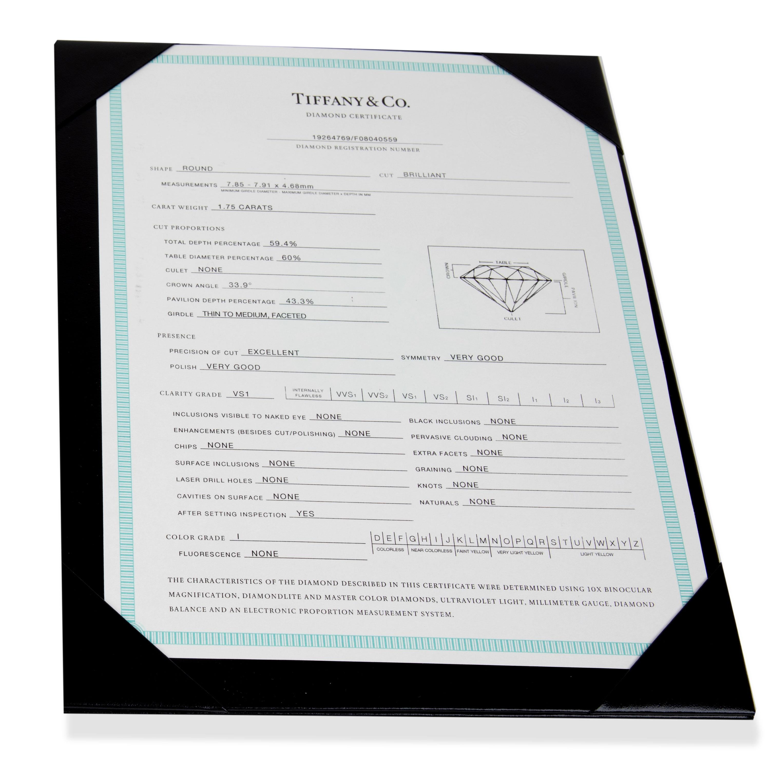 Round Cut Tiffany & Co. Diamond Engagement Ring in Platinum I VS1 1.75 Carat