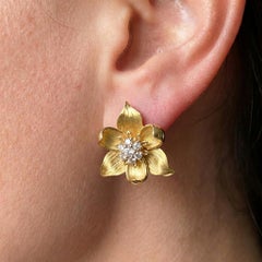 Tiffany & Co Diamond Flower 18K Gold Earrings 1990s Estate Pair