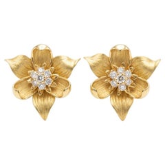 Tiffany & Co Diamond Flower 18K Gold Earrings 1990s Estate Pair