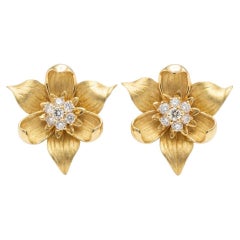Tiffany & Co Diamond Flower 18K Gold Earrings 1990s Estate Pair
