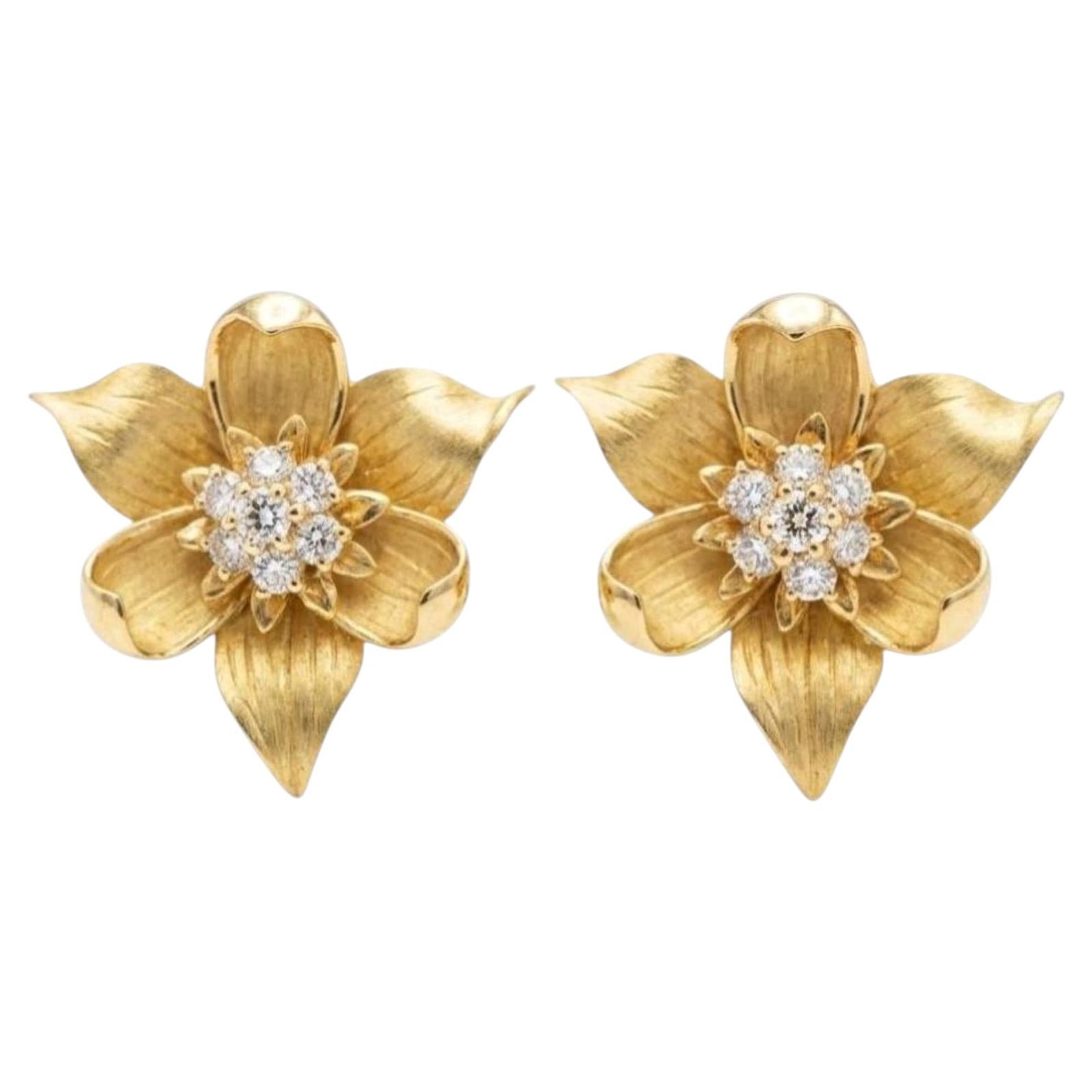 Tiffany & Co Diamond Flower 18K Gold Earrings 1990 Estate Pair