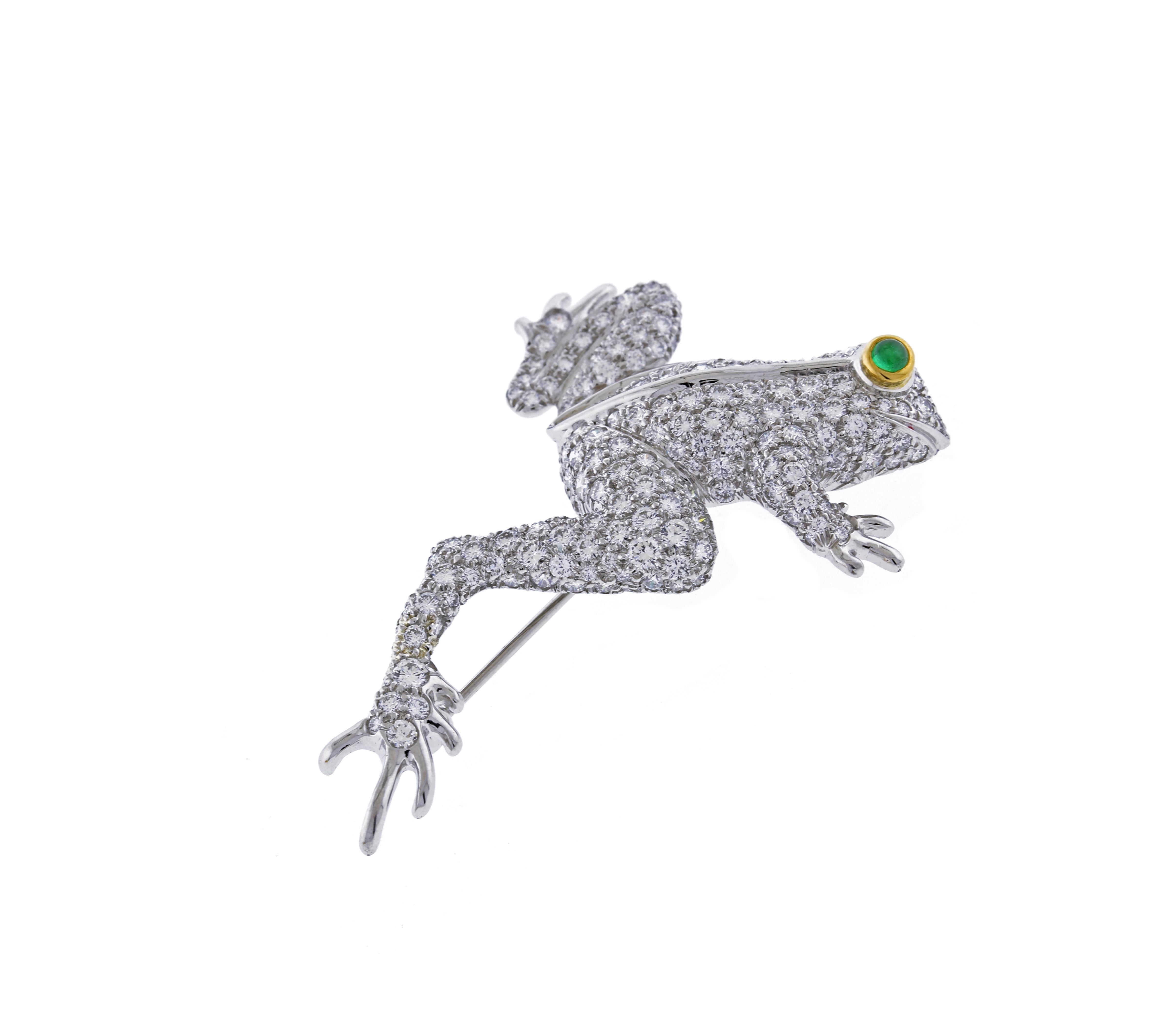 From Tiffany & Co, this brooch is made of platinum with a yellow gold bezel set cabochon emerald eye.
♦ Designer: Tiffany & Co.
♦ Metal: Platinum & 18 karat yellow gold
♦ Gemstone: Diamonds,  Emeralds
♦ Diamond Weight: 3.19ct
♦ Packaging: Tiffany