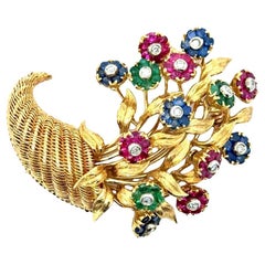 Tiffany & Co Diamond & Gemstone "en Tremblant" 18K Gold Cornucopia Pin with Box