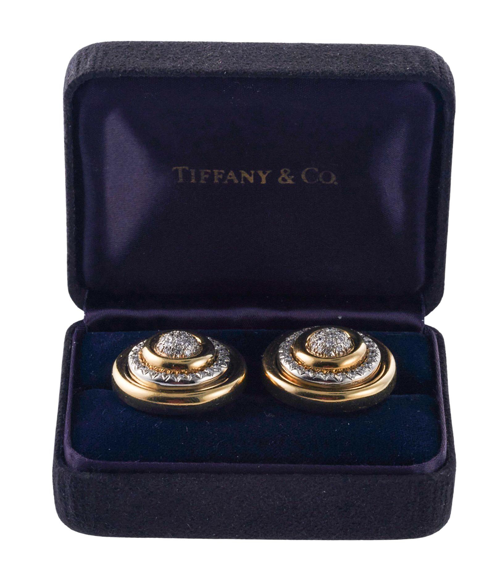 Round Cut Tiffany & Co Diamond Gold Button Earirngs For Sale