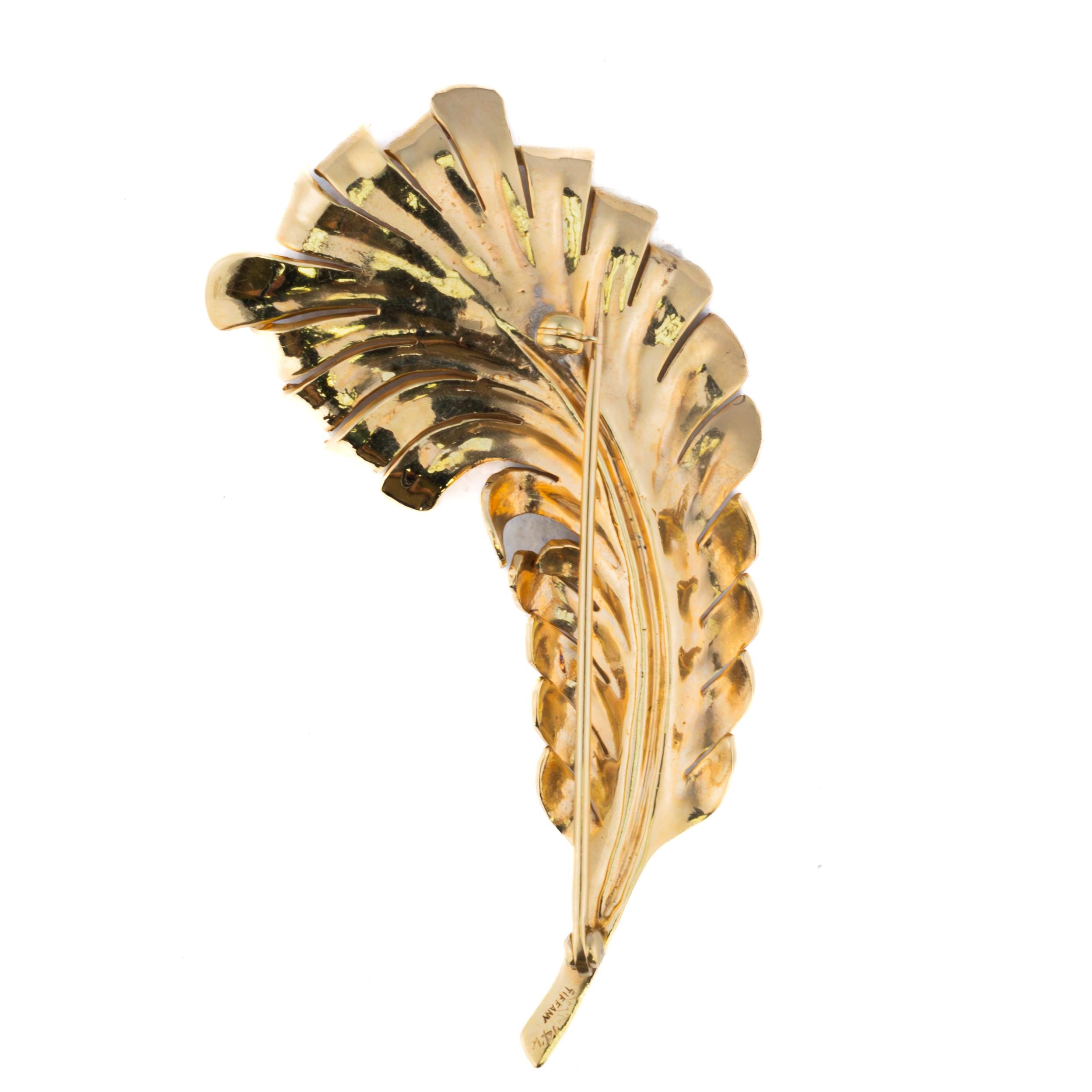 Round Cut Tiffany & Co. Diamond & Gold Feather Brooch For Sale