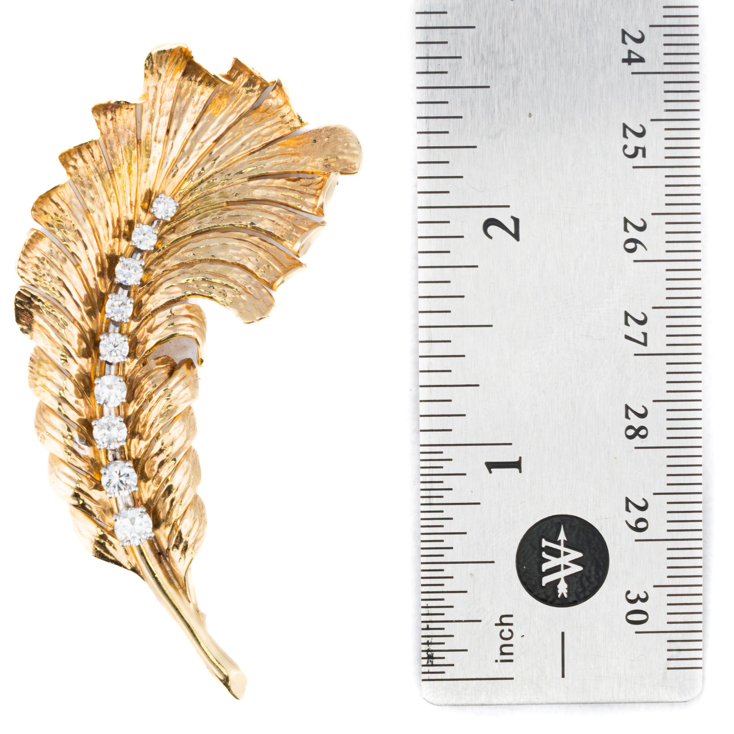 Tiffany & Co. Diamond & Gold Feather Brooch In Excellent Condition For Sale In New York, NY