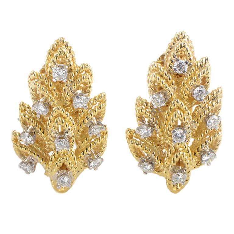 Tiffany & Co. Diamond Gold Leaf Clip-On Earrings In Excellent Condition In Southampton, PA