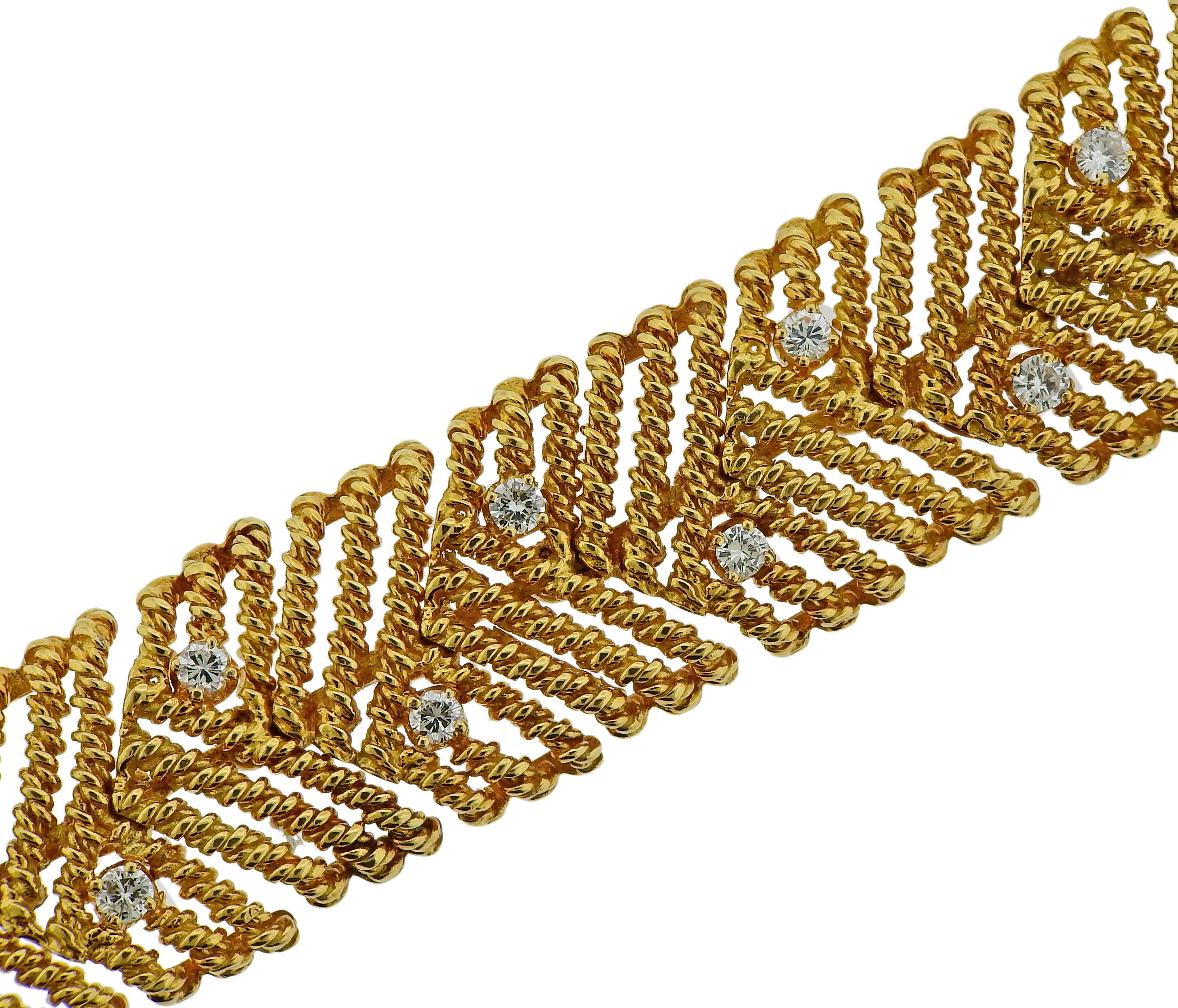 18k yellow gold woven bracelet by Tiffany & Co, adorned with approx. 1.80ctw in G/VS diamonds. Bracelet is 6.75