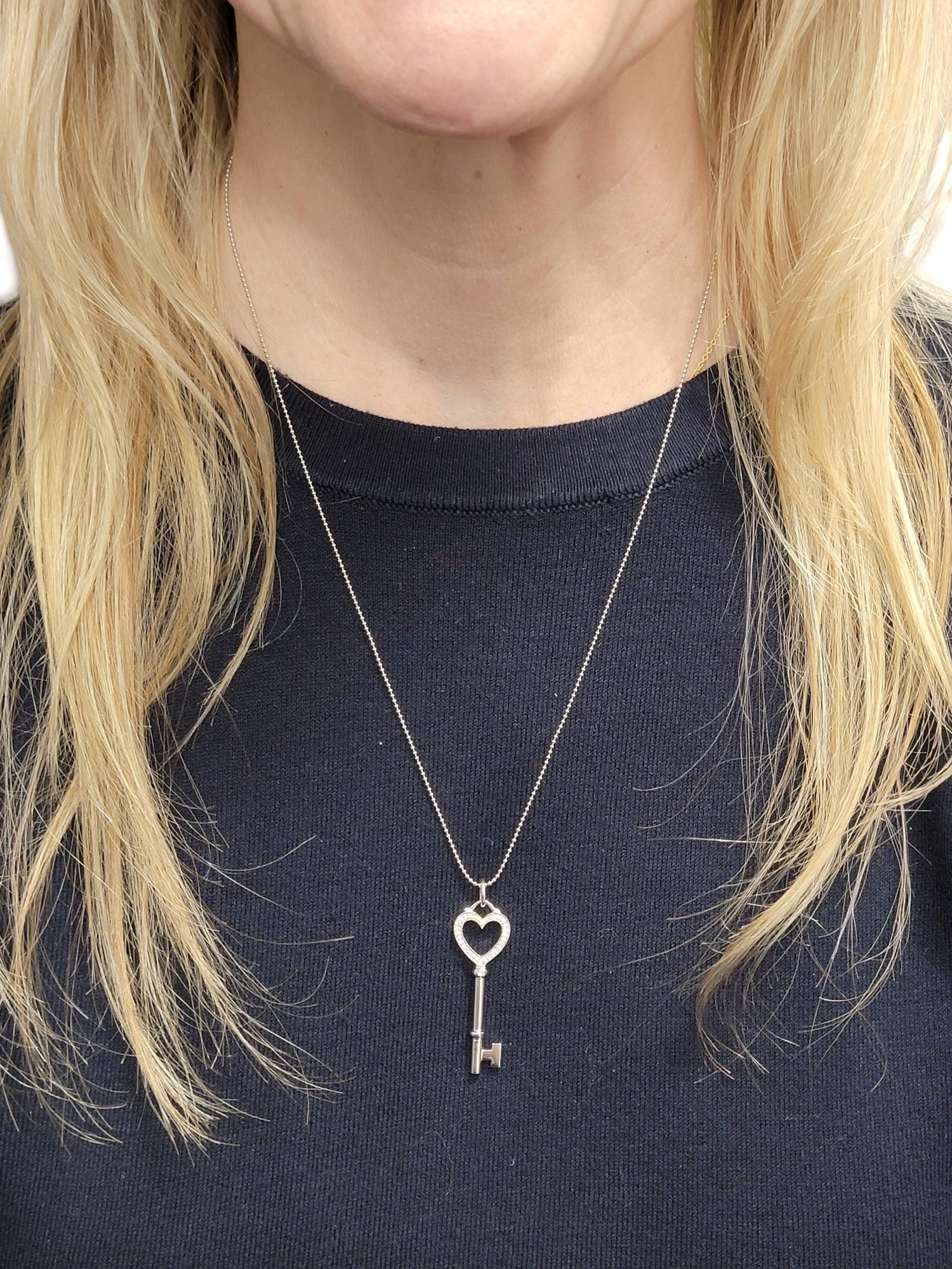Tiffany & Co. Diamond Heart Key Pendant with Bead Chain in 18 Karat White Gold For Sale 4