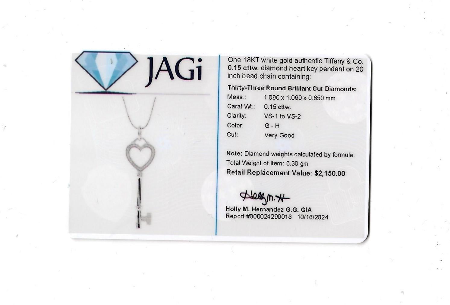 Tiffany & Co. Diamond Heart Key Pendant with Bead Chain in 18 Karat White Gold For Sale 5