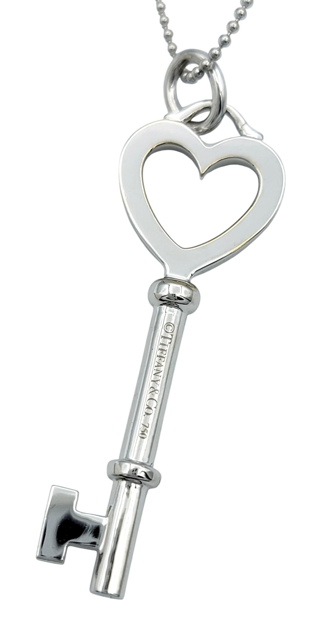 Round Cut Tiffany & Co. Diamond Heart Key Pendant with Bead Chain in 18 Karat White Gold For Sale