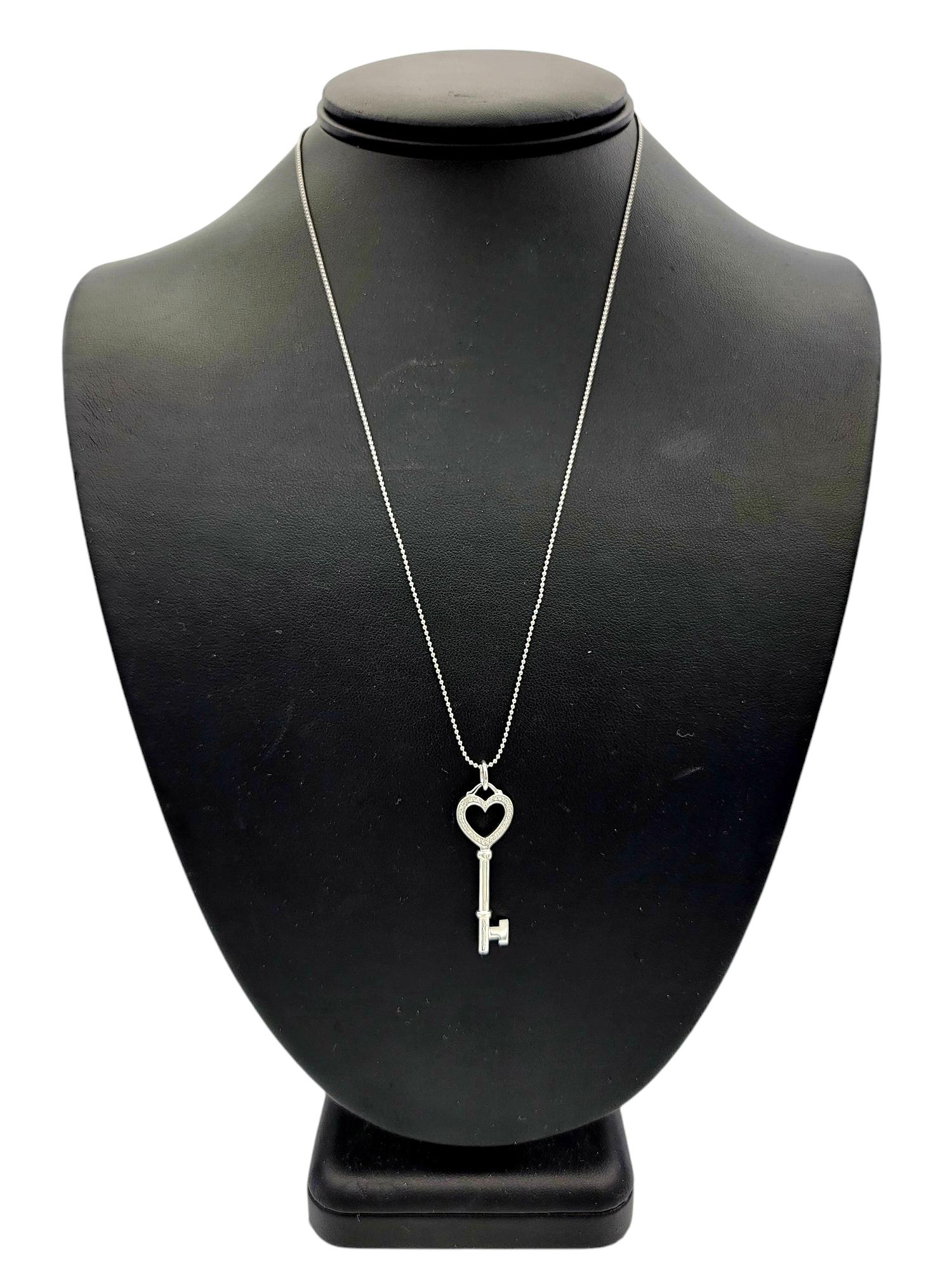 Tiffany & Co. Diamond Heart Key Pendant with Bead Chain in 18 Karat White Gold For Sale 3