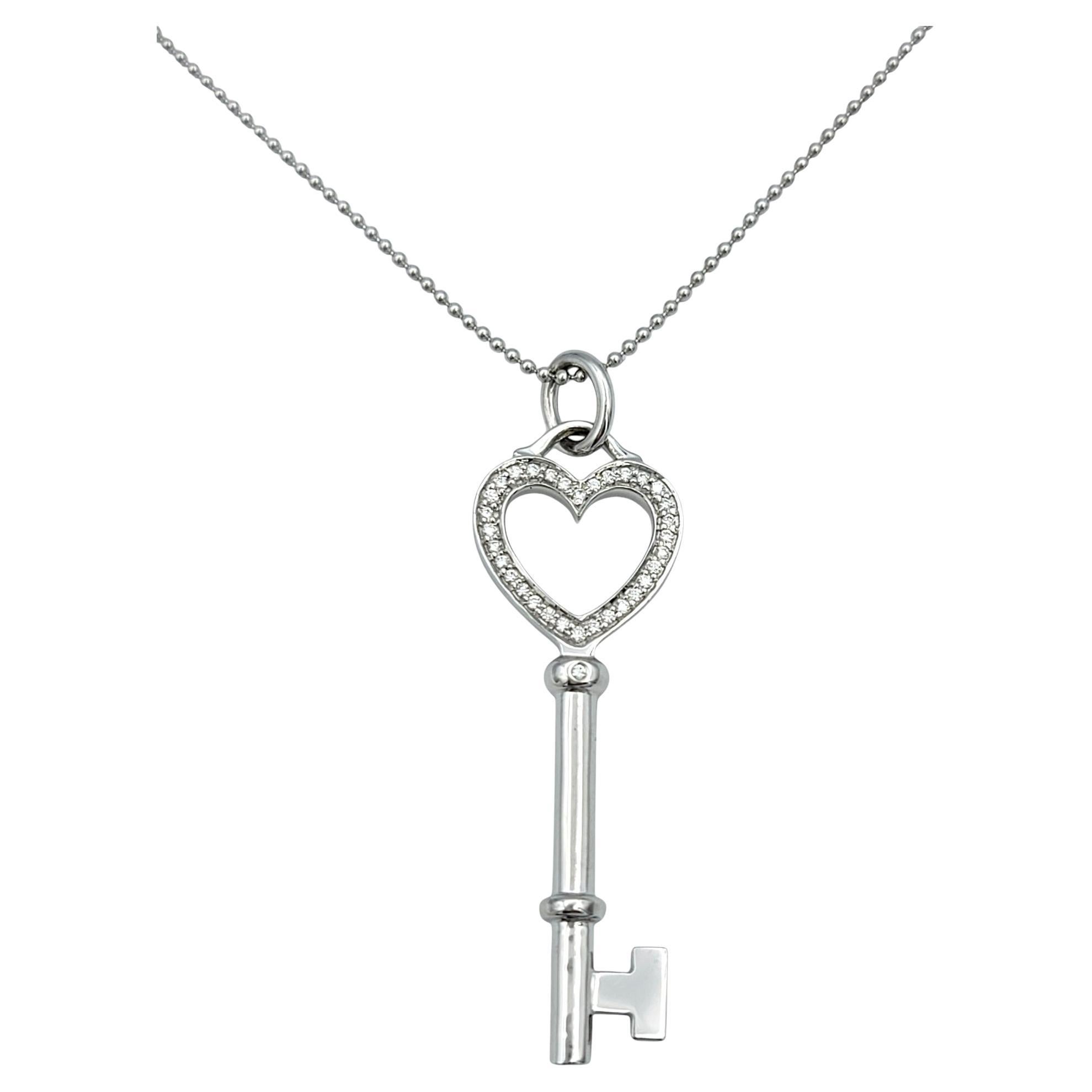 Tiffany & Co. Diamond Heart Key Pendant with Bead Chain in 18 Karat White Gold