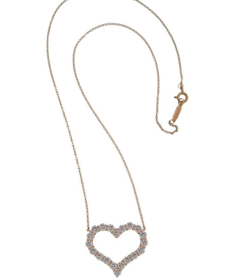 The necklace is 16 inches in length and made of 18K rose gold. It has 20 round F/G-color, VS-clarity diamonds weighing 1.96 CTTW.