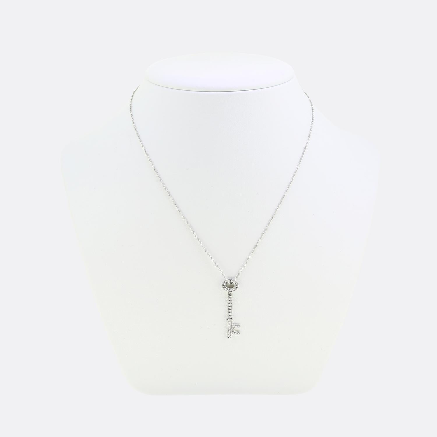 Here we have a beautiful pendant from the world renowned jewellery designer, Tiffany & Co. The pendant is crafted in platinum in the form of a key and features 36 sparkling round brilliant cut diamonds.

Condition: Used (Excellent)
Weight: 4.4